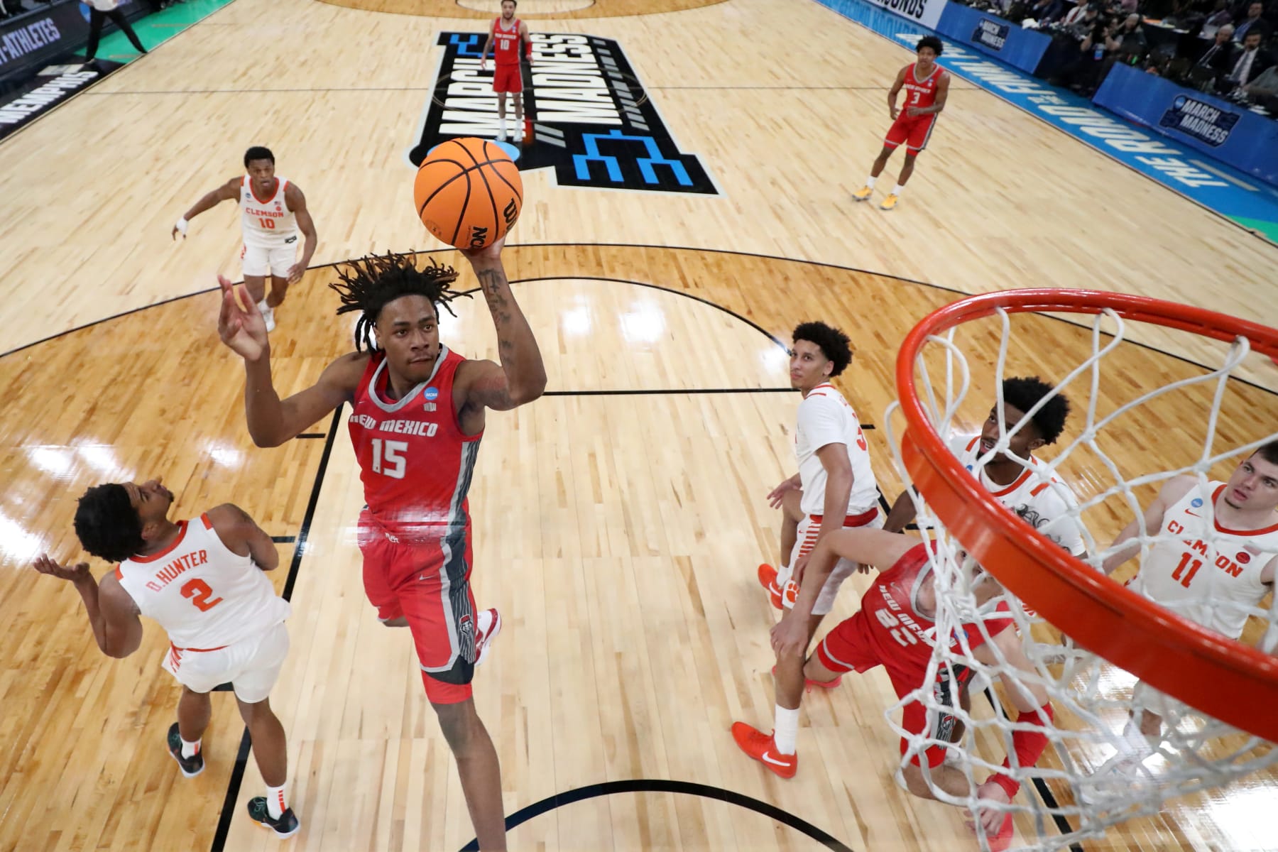 MEMPHIS, TENNESSEE - MARCH 22: JT Toppin #15 of the New Mexico Lobos shoots the ball against the Clemson Tigers during the first round of the 2024 NCAA Men's Basketball Tournament held at FedExForum on March 22, 2024 in Memphis, Tennessee. (Photo by Joe Murphy/NCAA Photos via Getty Images)