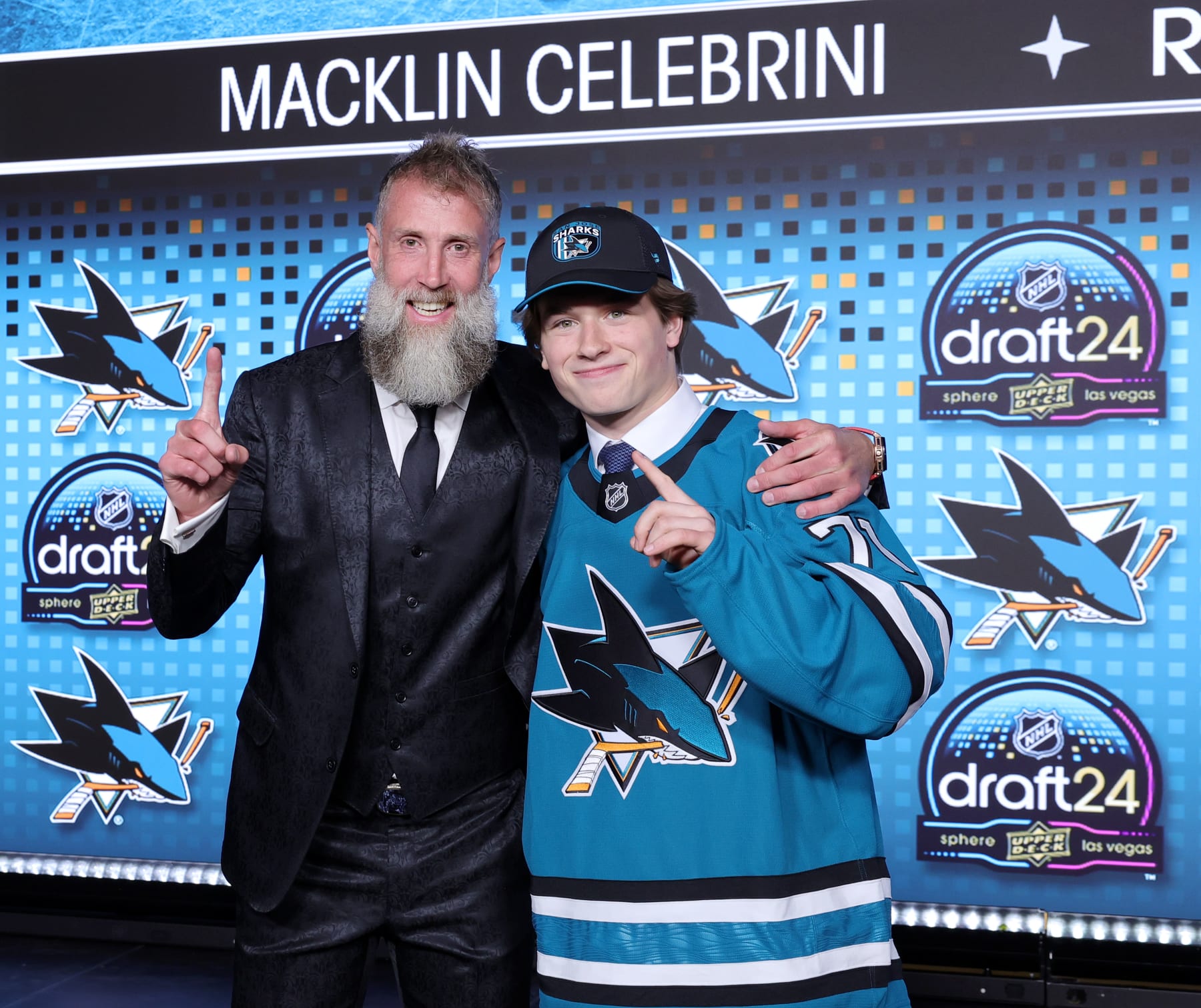 Former San Jose Sharks star Joe Thornton poses with Macklin Celebrini, whom the Sharks chose first overall in the 2024 NHL Draft.