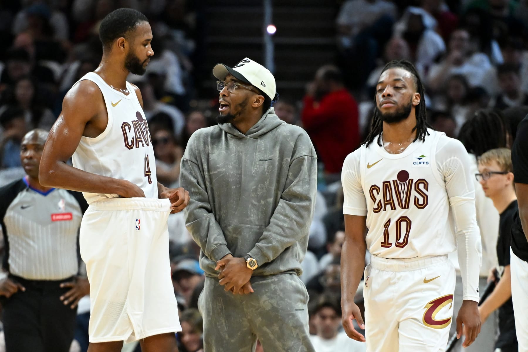 CLEVELAND, OHIO - MAY 13: Donovan Mitchell #45 of the Cleveland Cavaliers talks with Evan Mobley #4 during the first half of Game Four of the Eastern Conference Second Round Playoffs against the Boston Celtics at Rocket Mortgage Fieldhouse on May 13, 2024 in Cleveland, Ohio. NOTE TO USER: User expressly acknowledges and agrees that, by downloading and or using this photograph, User is consenting to the terms and conditions of the Getty Images License Agreement. (Photo by Nick Cammett/Getty Images)