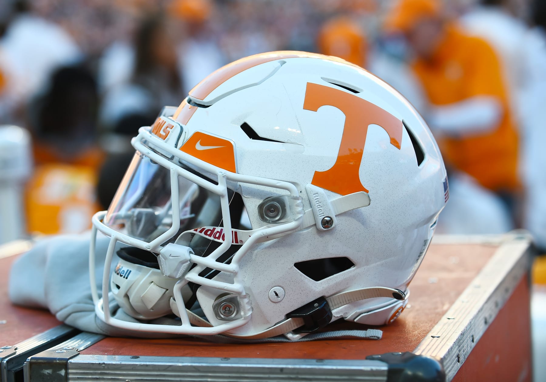 KNOXVILLE, TN - NOVEMBER 18: A Tennessee Volunteers football helmet sits on the sideline prior to the college football game between the Georgia Bulldogs and the Tennessee Volunteers on November 18, 2023, at Neyland Stadium in Knoxville, TN. (Photo by Jeffrey Vest/Icon Sportswire via Getty Images)