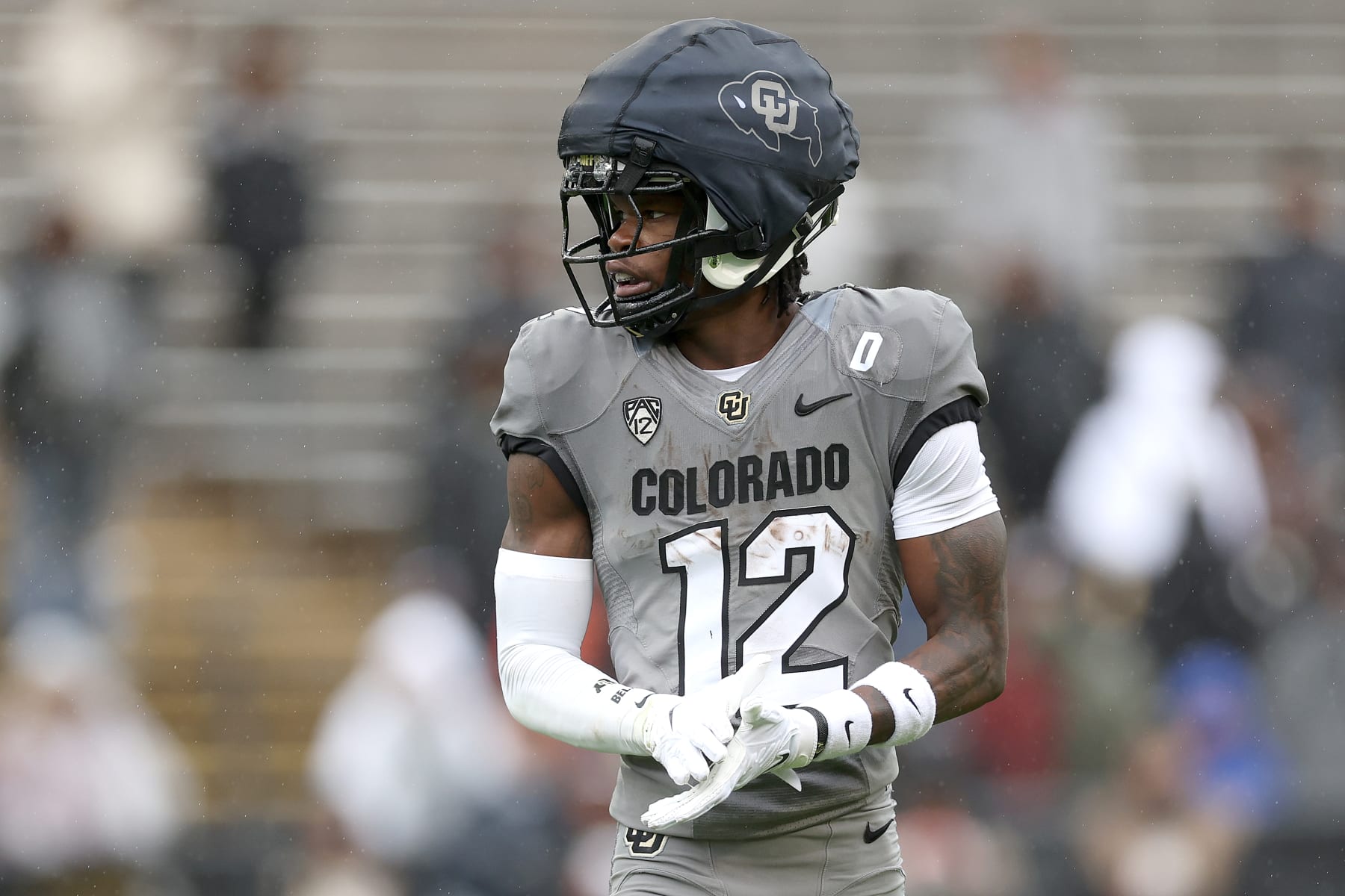 BOULDER, COLORADO - APRIL 27: Travis Hunter #12 of the Colorado Buffaloes warms-up prior to their spring game at Folsom Field on April 27, 2024 in Boulder, Colorado.  (Photo by Matthew Stockman/Getty Images)