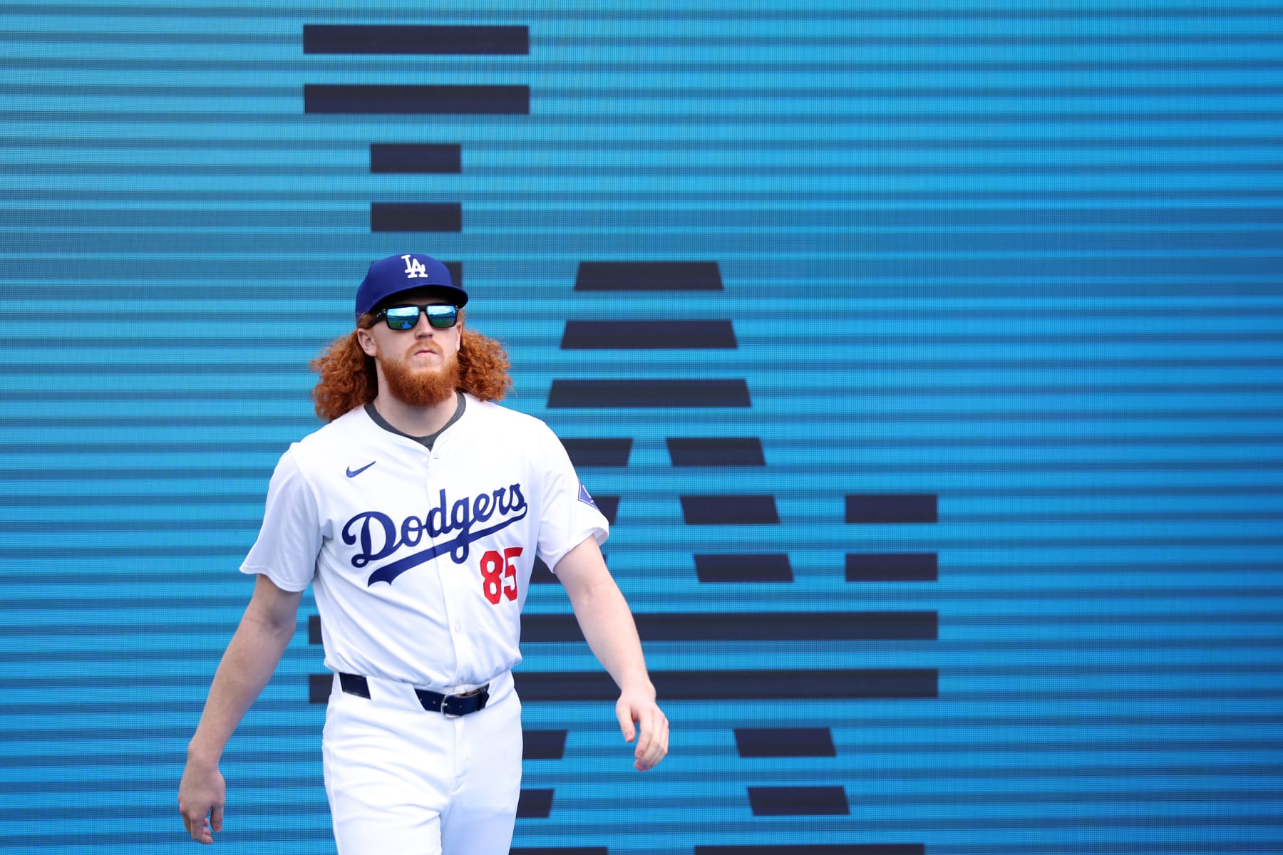 LOS ANGELES, CALIFORNIA - MARCH 28: Dustin May #85 of the Los Angeles Dodgers enters the stadium on Opening day prior to a game against the St. Louis Cardinals  at Dodger Stadium on March 28, 2024 in Los Angeles, California. (Photo by Sean M. Haffey/Getty Images)