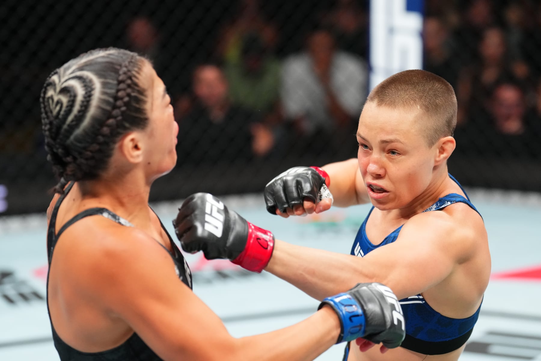 DENVER, COLORADO - JULY 13: (R-L) Rose Namajunas punches Tracy Cortez in a flyweight fight during the UFC Fight Night event at Ball Arena on July 13, 2024 in Denver, Colorado. (Photo by Josh Hedges/Zuffa LLC via Getty Images)