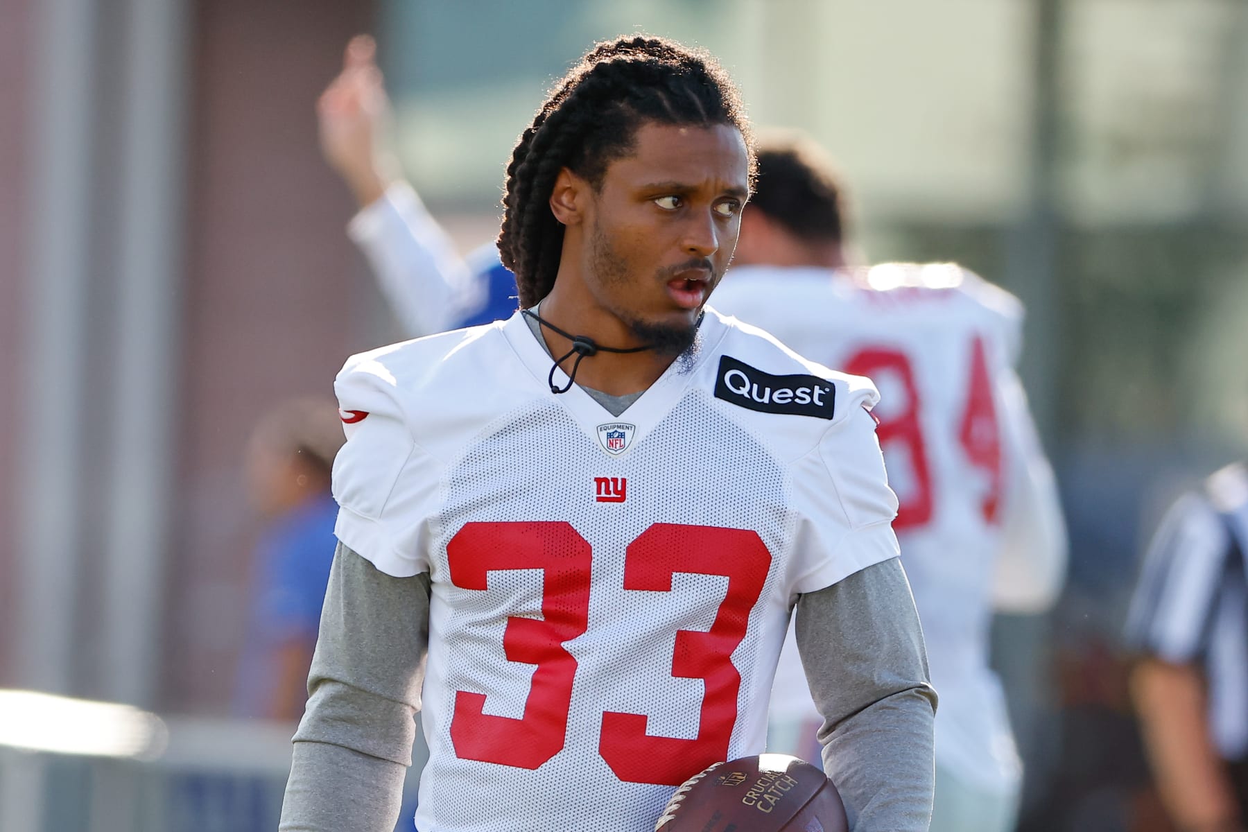 EAST RUTHERFORD, NJ - AUGUST 01: Aaron Robinson #33 of the New York Giants during training camp at the Quest Diagnostics Training Center on August 1, 2023 in East Rutherford, New Jersey. (Photo by Rich Graessle/Icon Sportswire via Getty Images)