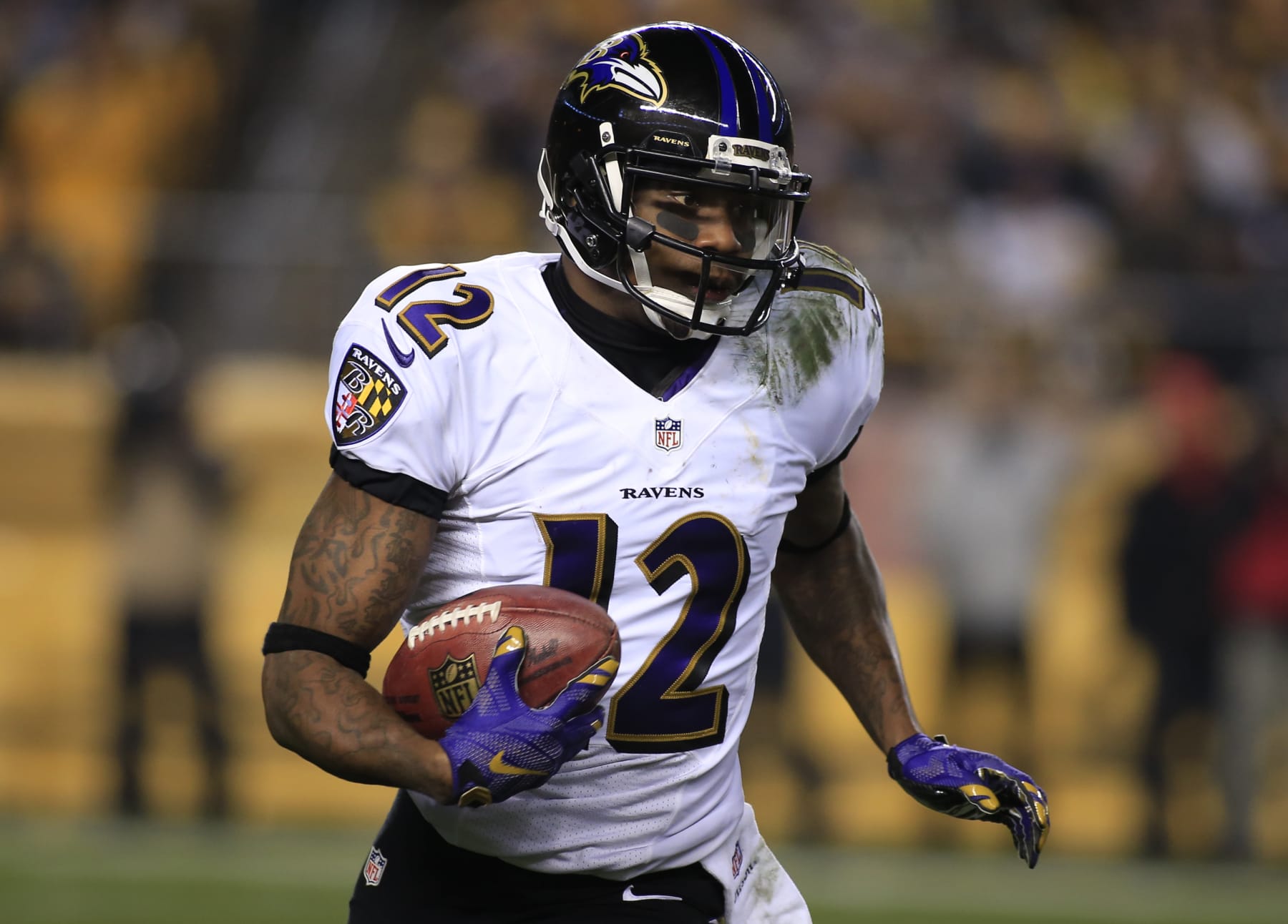 PITTSBURGH, PA - JANUARY 03: Jacoby Jones #12 of the Baltimore Ravens plays against the Pittsburgh Steelers during the Wild Card game on January 3, 2015 at Heinz Field in Pittsburgh, Pennsylvania. (Photo by Justin K. Aller/Getty Images) PITTSBURGH, PA - JANUARY 03: Jacoby Jones #12 of the Baltimore Ravens plays against the Pittsburgh Steelers during the Wild Card game on January 3, 2015 at Heinz Field in Pittsburgh, Pennsylvania. (Photo by Justin K. Aller/Getty Images)