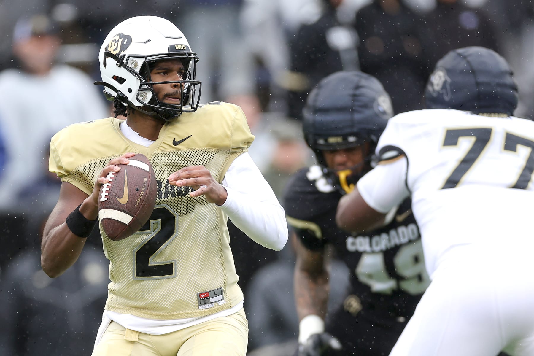 BOULDER, COLORADO - APRIL 27: Quarterback Shedeur Sanders #2 of the Colorado Buffaloes throws during their spring game at Folsom Field on April 27, 2024 in Boulder, Colorado.  (Photo by Matthew Stockman/Getty Images)