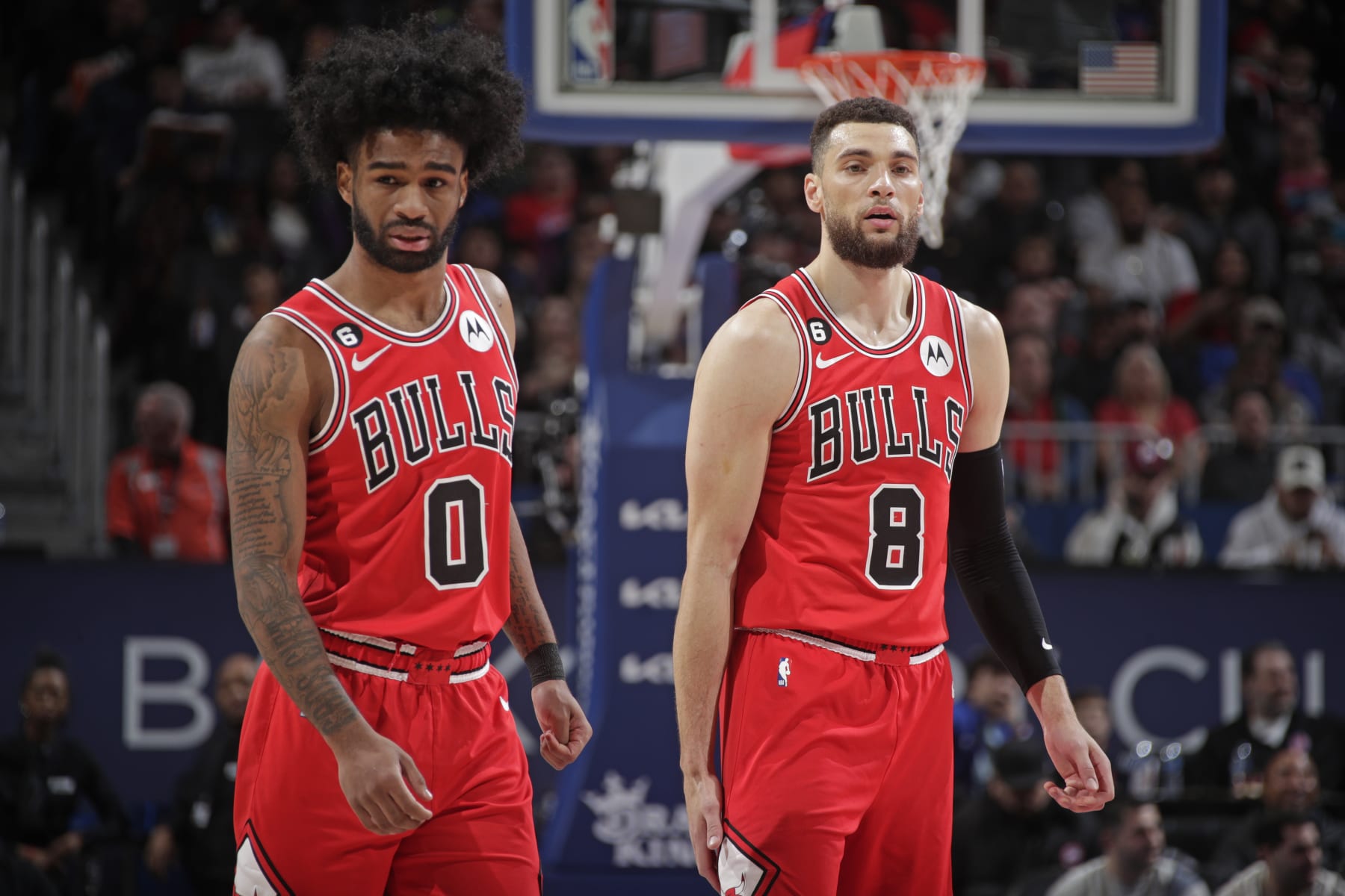 DETROIT, MI - MARCH 1: Coby White #0 and Zach LaVine #8 of the Chicago Bulls looks on against the Detroit Pistons on March 1, 2023 at Little Caesars Arena in Detroit, Michigan. NOTE TO USER: User expressly acknowledges and agrees that, by downloading and/or using this photograph, User is consenting to the terms and conditions of the Getty Images License Agreement. Mandatory Copyright Notice: Copyright 2023 NBAE (Photo by Brian Sevald/NBAE via Getty Images)