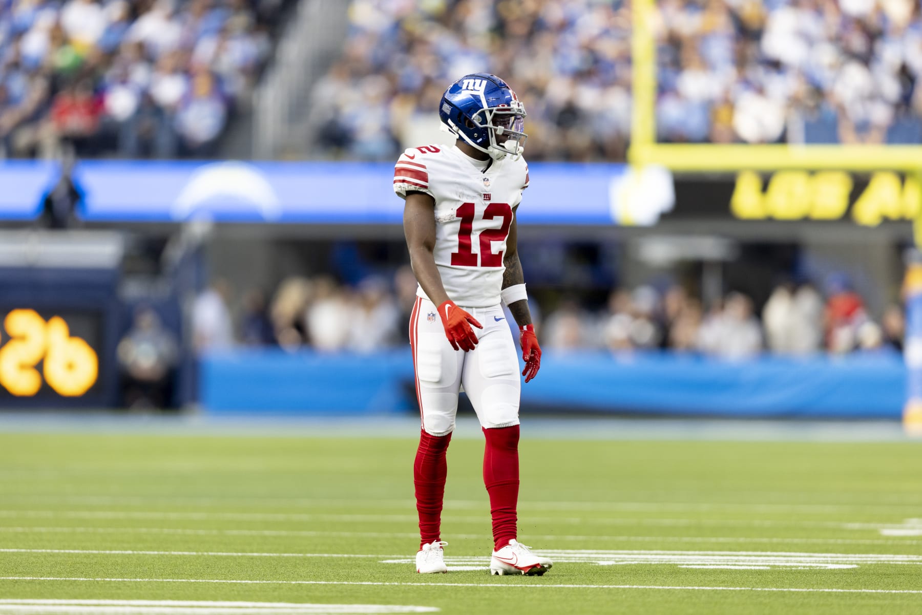 INGLEWOOD, CALIFORNIA - DECEMBER 12: John Ross #12 of the New York Giants lines up during an NFL football game against the Los Angeles Chargers at SoFi Stadium on December 12, 2021 in Inglewood, California. The Los Angeles Chargers defeated the New York Giants 37-21. (Photo by Michael Owens/Getty Images)