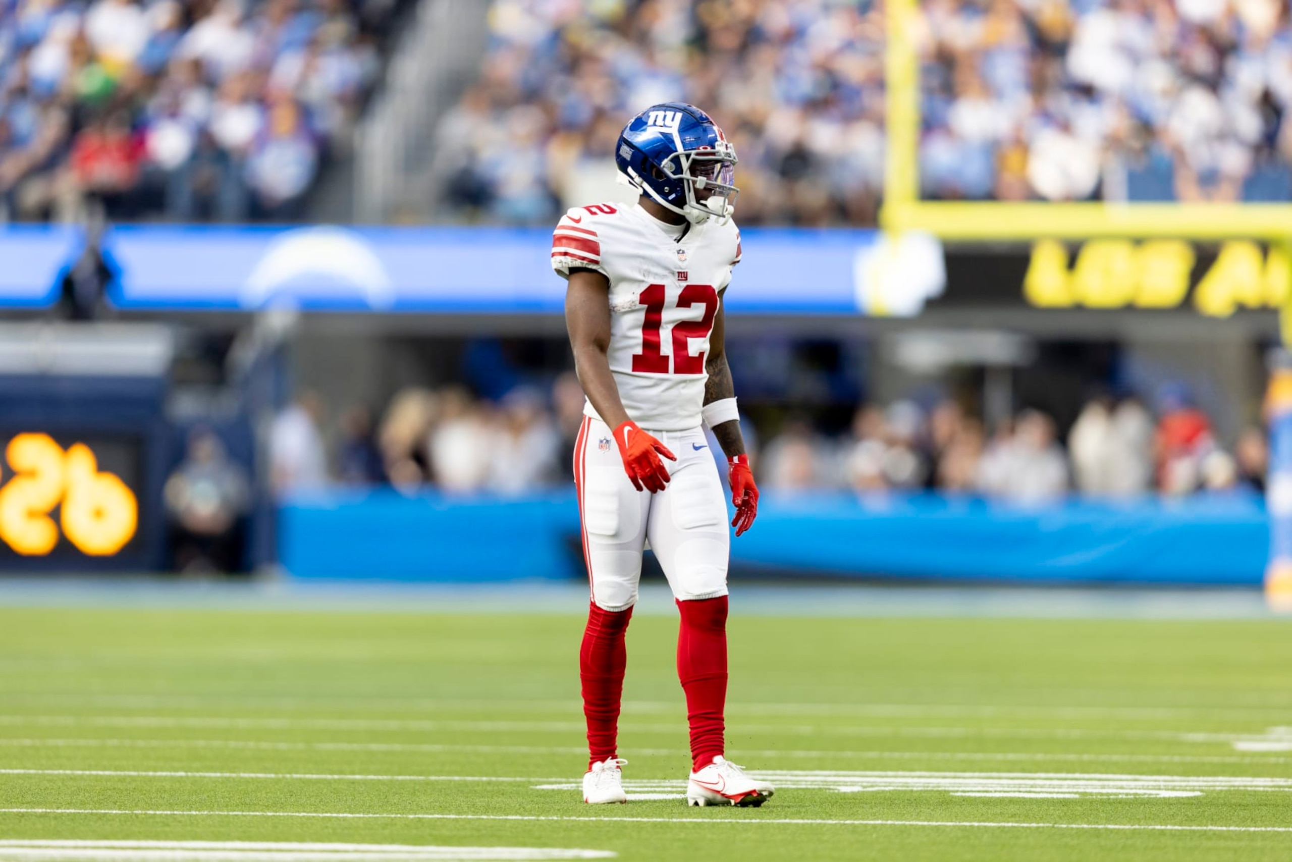 INGLEWOOD, CALIFORNIA - DECEMBER 12: John Ross #12 of the New York Giants lines up during an NFL football game against the Los Angeles Chargers at SoFi Stadium on December 12, 2021 in Inglewood, California. The Los Angeles Chargers defeated the New York Giants 37-21. (Photo by Michael Owens/Getty Images)