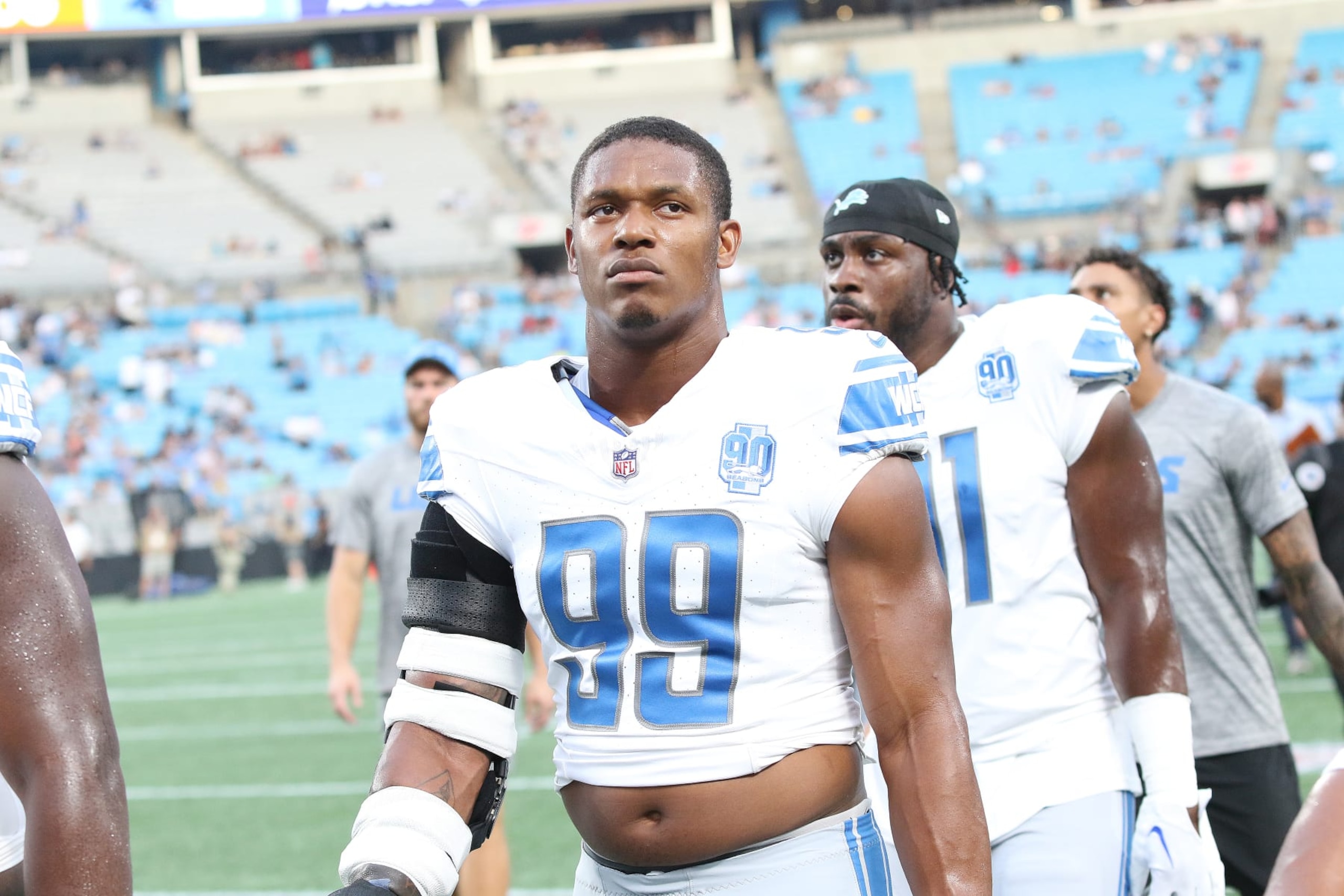 CHARLOTTE, NC - AUGUST 25: Detroit Lions linebacker Julian Okwara (99) during a preseason NFL football game between the Detroit Lions and the Carolina Panthers on August 25, 2023, at Bank of America Stadium in Charlotte, N.C. (Photo by John Byrum/Icon Sportswire via Getty Images)