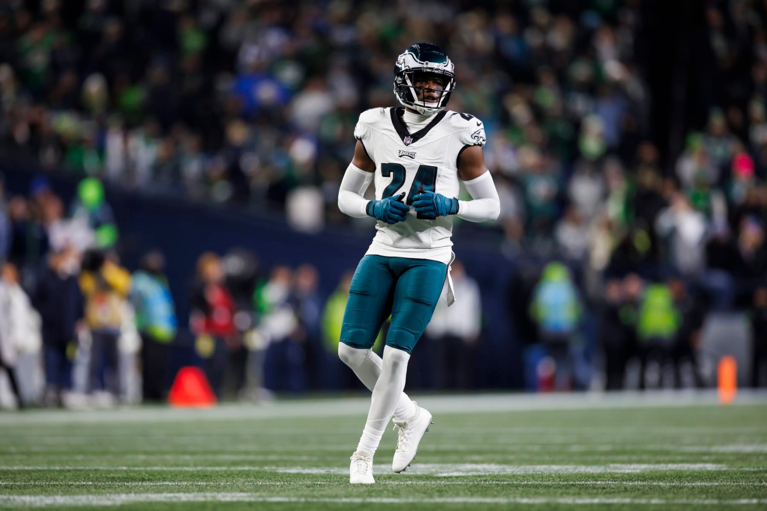 SEATTLE, WASHINGTON - DECEMBER 18: James Bradberry #24 of the Philadelphia Eagles defends in coverage against the Seattle Seahawks at Lumen Field on December 18, 2023 in Seattle, Washington. (Photo by Ryan Kang/Getty Images)