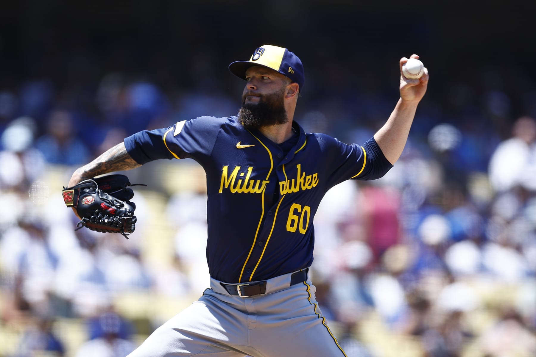 LOS ANGELES, CALIFORNIA - JULY 07:  Dallas Keuchel #60 of the Milwaukee Brewers throws against the Los Angeles Dodgers in the second inning at Dodger Stadium on July 07, 2024 in Los Angeles, California. (Photo by Ronald Martinez/Getty Images)