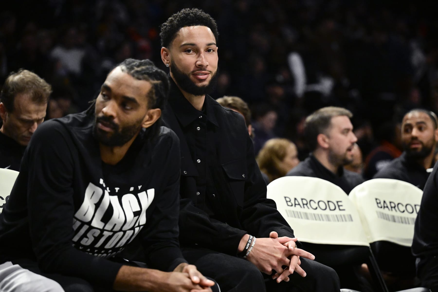 NEW YORK, NEW YORK - FEBRUARY 29:  Ben Simmons #10 of the Brooklyn Nets looks on from the bench against the Atlanta Hawks during the first half at Barclays Center on February 29, 2024 in New York City. NOTE TO USER: User expressly acknowledges and agrees that, by downloading and or using this photograph, User is consenting to the terms and conditions of the Getty Images License Agreement. (Photo by Steven Ryan/Getty Images)