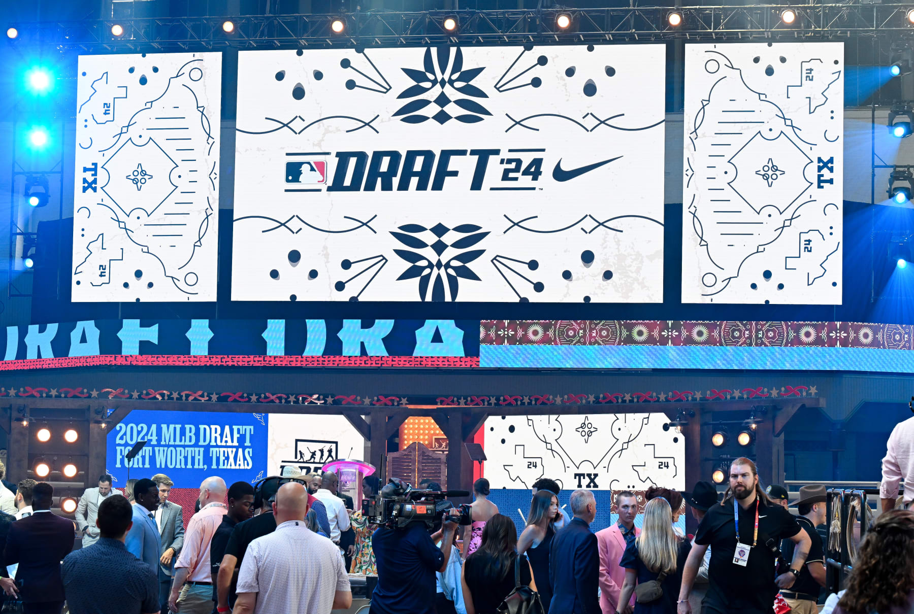 FORT WORTH, TEXAS - JULY 14: A view of the draft stage before the 2024 MLB Draft at Cowtown Coliseum on July 14, 2024 in Fort Worth, Texas. (Photo by Gene Wang/Getty Images) FORT WORTH, TEXAS - JULY 14: A view of the draft stage before the 2024 MLB Draft at Cowtown Coliseum on July 14, 2024 in Fort Worth, Texas. (Photo by Gene Wang/Getty Images)