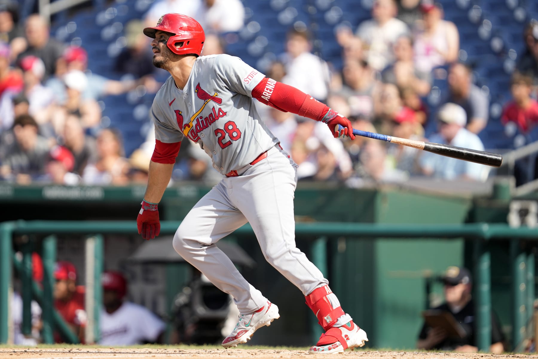WASHINGTON, DC - JULY 08:  Nolan Arenado #28 of the St. Louis Cardinals takes a swing during a baseball game against the Washington Nationals at Nationals Park on July 8, 2024 in Washington, DC.  (Photo by Mitchell Layton/Getty Images)