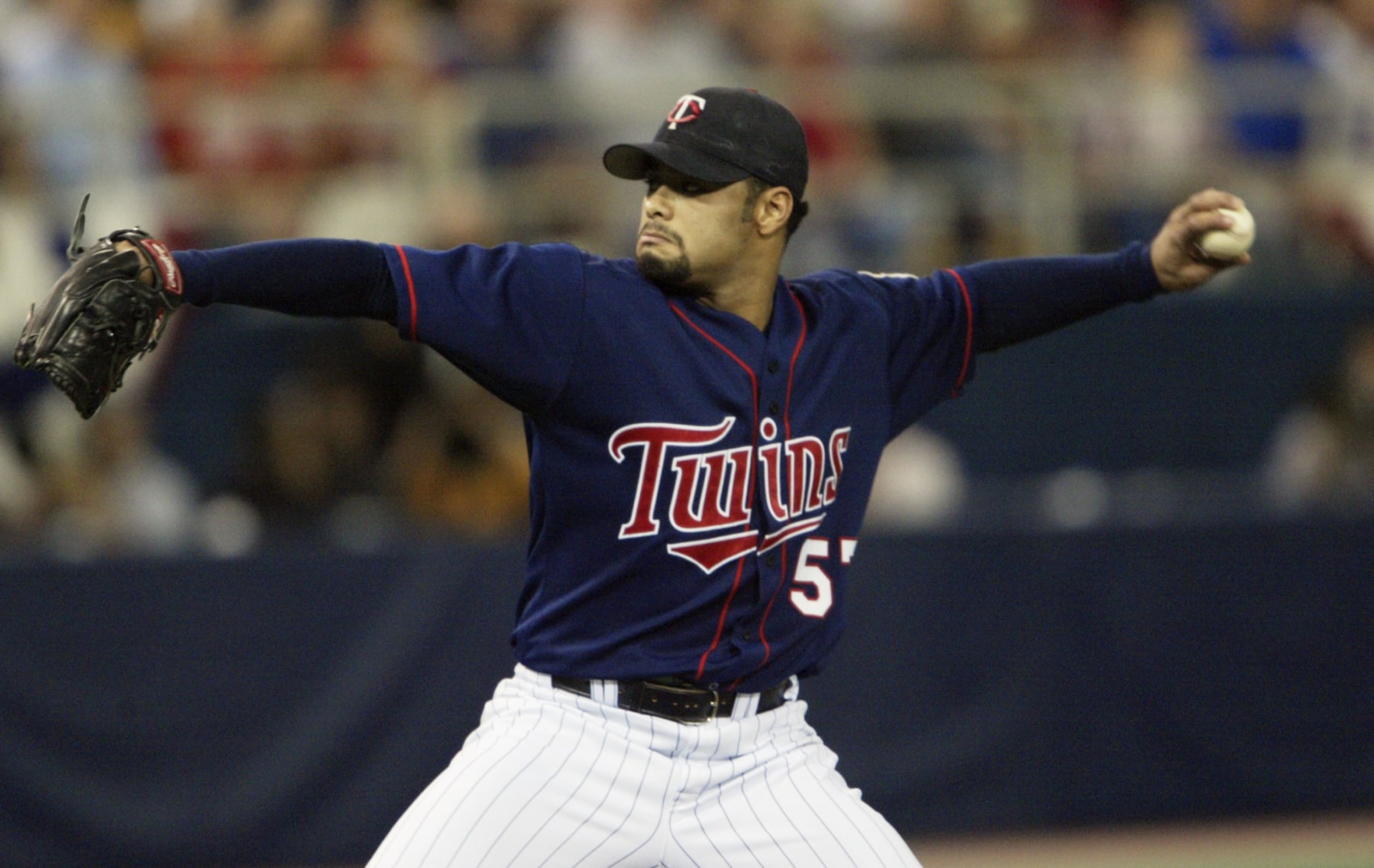MINNEAPOLIS - OCTOBER 5:  Starting pitcher Johan Santana #57 of the Minnesota Twins pitches during the American League Division Series against the New York Yankees on October 5, 2003 at the Hubert H. Humphrey Metrodome in Minneapolis, Minnesota.  The Yankees defeated the Twis 8-1 to advance to the American League Championship Series. (Photo by Elsa/Getty Images)