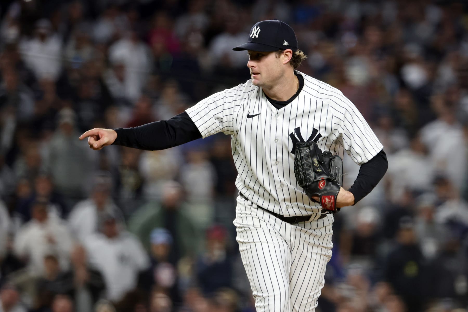NEW YORK, NY - OCTOBER 22:  Gerrit Cole #45 of the New York Yankees pitches during Game 3 of the ALCS between the Houston Astros and the New York Yankees at Yankee Stadium on Saturday, October 22, 2022 in New York, New York. (Photo by Mary DeCicco/MLB Photos via Getty Images)