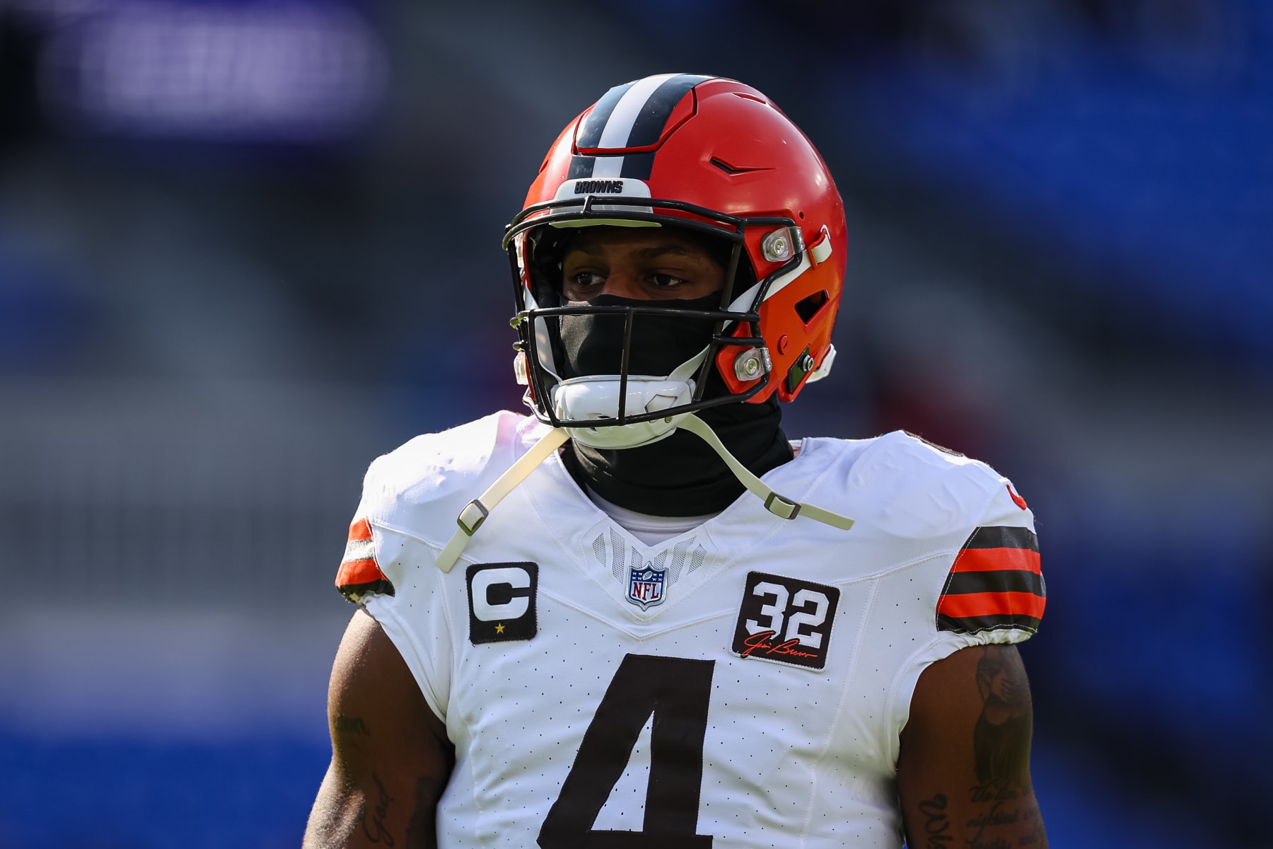 BALTIMORE, MD - NOVEMBER 12: Deshaun Watson #4 of the Cleveland Browns looks on before the game against the Baltimore Ravens at M&T Bank Stadium on November 12, 2023 in Baltimore, Maryland. (Photo by Scott Taetsch/Getty Images)
