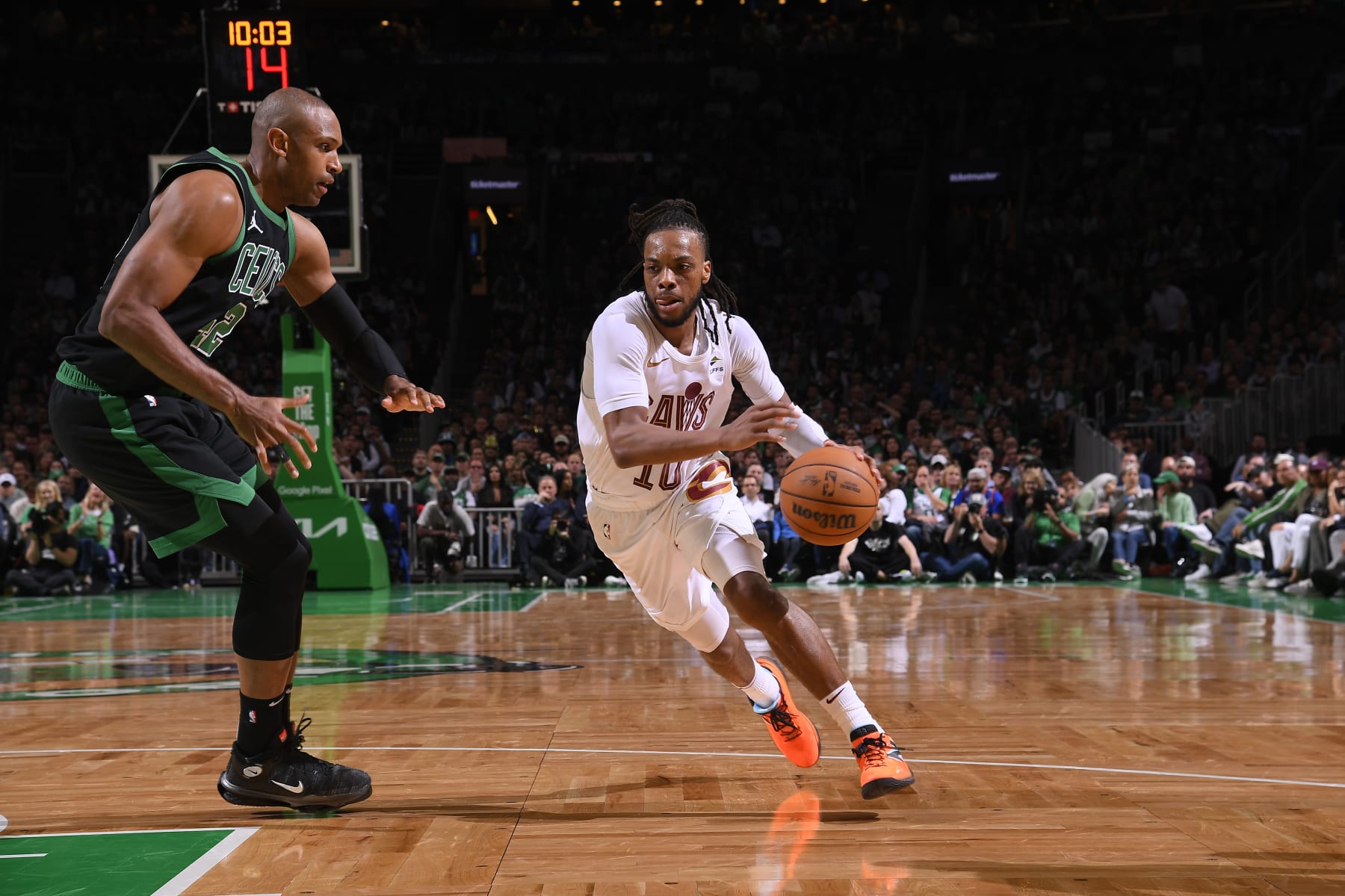 BOSTON, MA - MAY 15: Darius Garland #10 of the Cleveland Cavaliers handles the ball during the game  against the Boston Celtics during Round 2 Game 5 of the 2024 NBA Playoffs on May 15, 2024 at the TD Garden in Boston, Massachusetts. NOTE TO USER: User expressly acknowledges and agrees that, by downloading and or using this photograph, User is consenting to the terms and conditions of the Getty Images License Agreement. Mandatory Copyright Notice: Copyright 2024 NBAE  (Photo by Brian Babineau/NBAE via Getty Images)