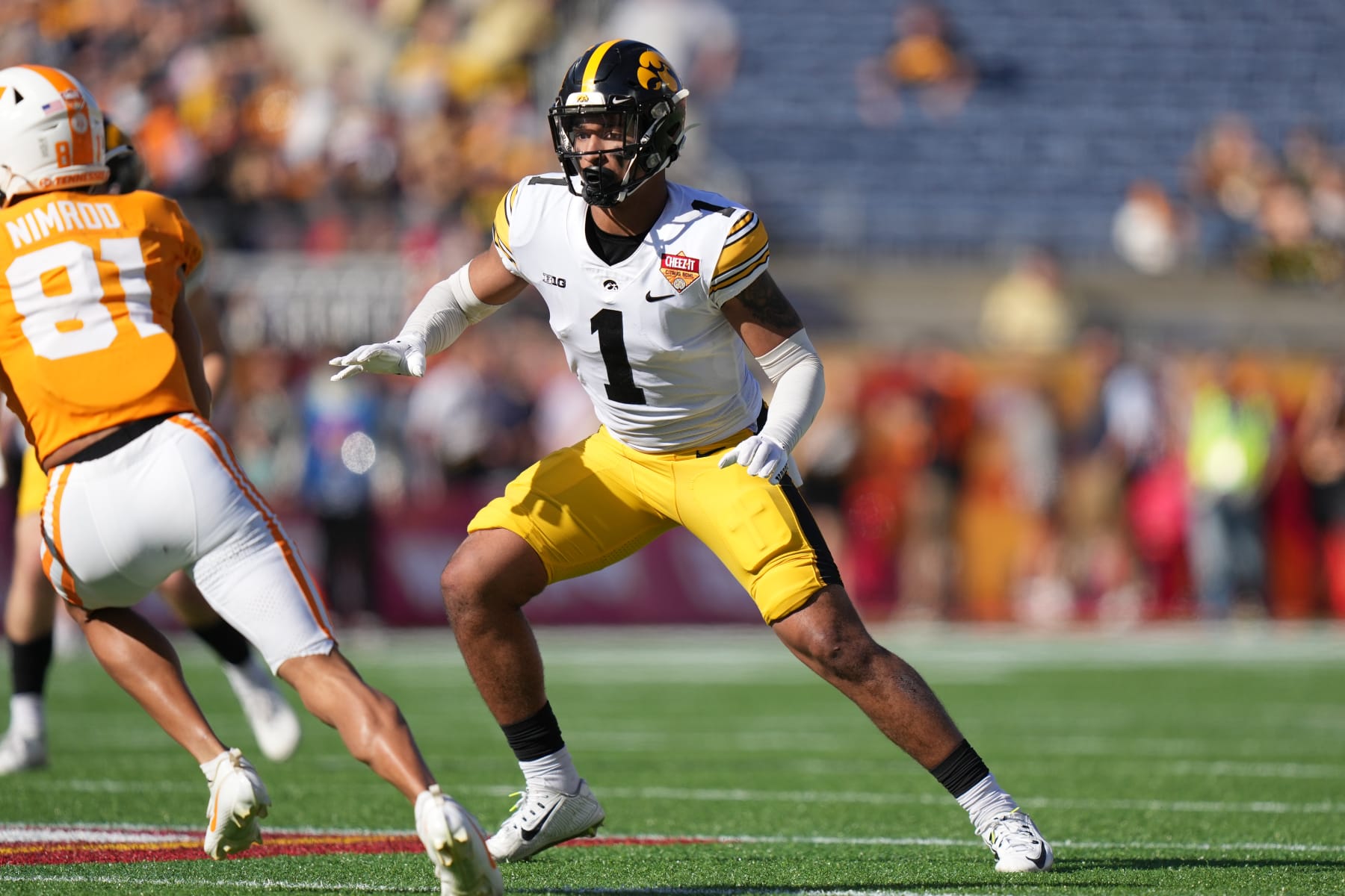 ORLANDO, FL - JANUARY 01: Iowa Hawkeyes defensive back Xavier Nwankpa (1)defends in the secondary during the 2024 Cheez-It Citrus Bowl between Iowa Hawkeyes and the Tennessee Volunteers on Monday, January 1, 2024 at Camping World Stadium, Orlando, Fla. (Photo by Peter Joneleit/Icon Sportswire via Getty Images)