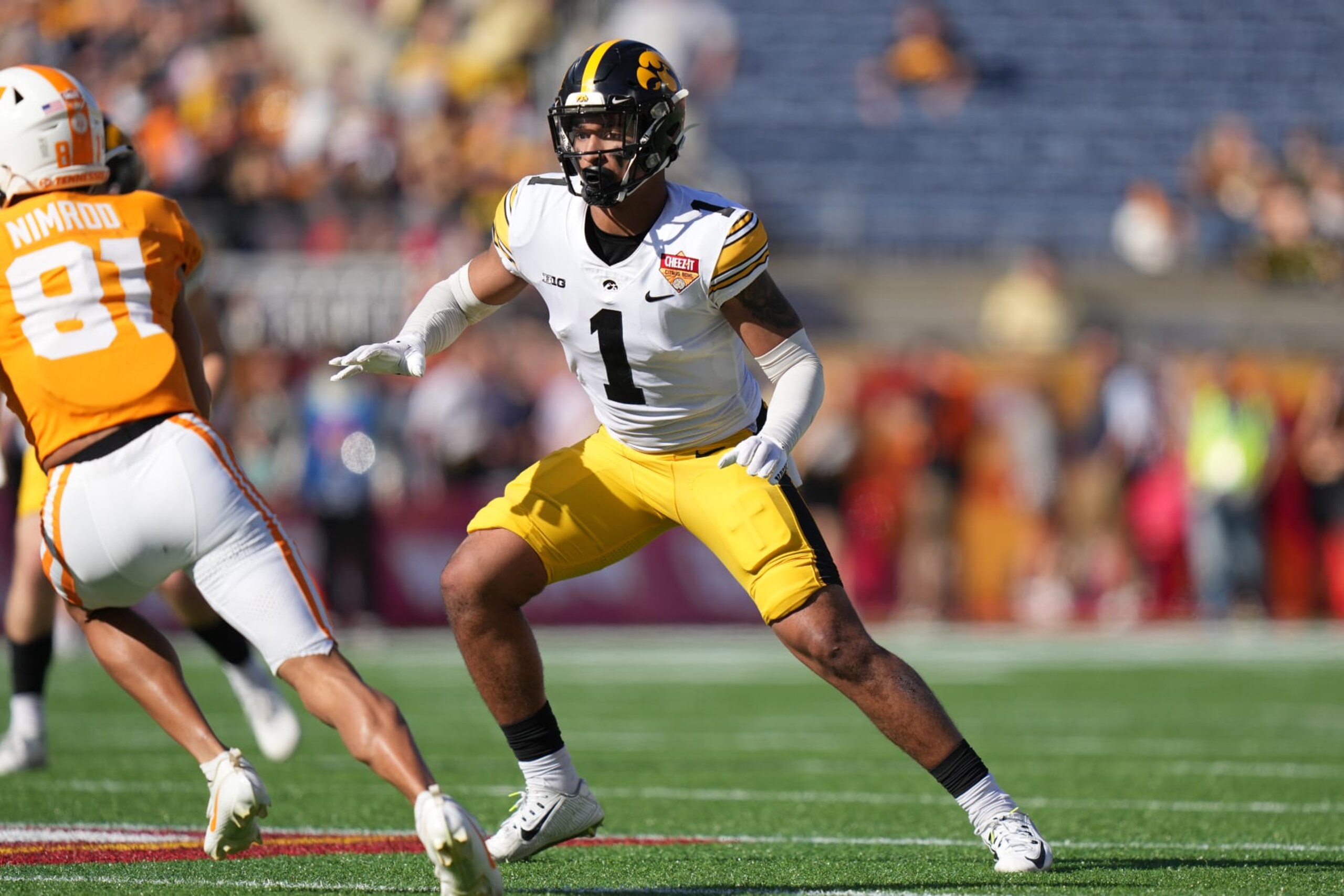 ORLANDO, FL - JANUARY 01: Iowa Hawkeyes defensive back Xavier Nwankpa (1)defends in the secondary during the 2024 Cheez-It Citrus Bowl between Iowa Hawkeyes and the Tennessee Volunteers on Monday, January 1, 2024 at Camping World Stadium, Orlando, Fla. (Photo by Peter Joneleit/Icon Sportswire via Getty Images) ORLANDO, FL - JANUARY 01: Iowa Hawkeyes defensive back Xavier Nwankpa (1)defends in the secondary during the 2024 Cheez-It Citrus Bowl between Iowa Hawkeyes and the Tennessee Volunteers on Monday, January 1, 2024 at Camping World Stadium, Orlando, Fla. (Photo by Peter Joneleit/Icon Sportswire via Getty Images)