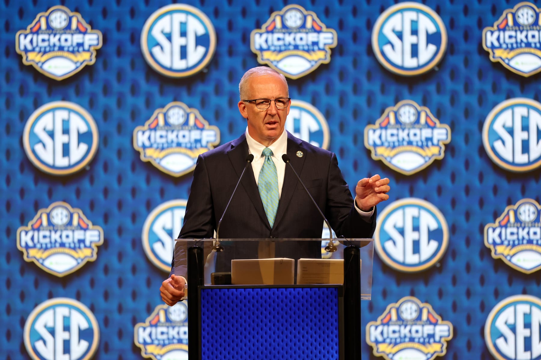 DALLAS, TEXAS - JULY 15: SEC Commissioner Greg Sankey speaks during SEC Football Media Days at Omni Dallas Hotel on July 15, 2024 in Dallas, Texas.  (Photo by Tim Warner/Getty Images)