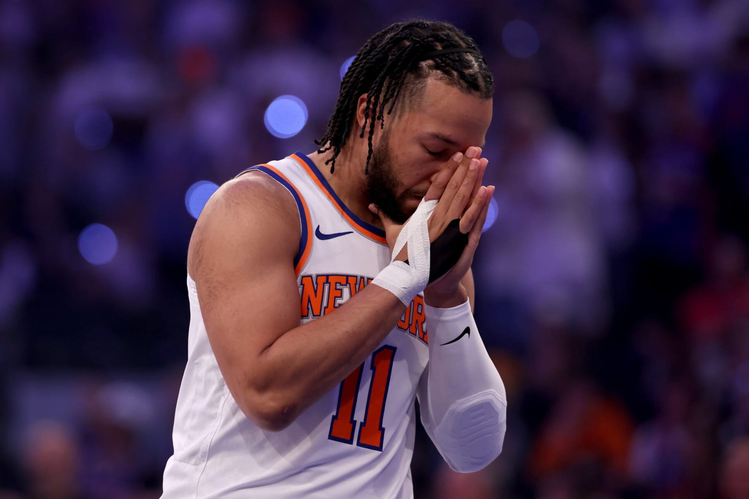 NEW YORK, NEW YORK - MAY 19: Jalen Brunson #11 of the New York Knicks walks across the court before Game Seven of the Eastern Conference Second Round Playoffs against the Indiana Pacers at Madison Square Garden on May 19, 2024 in New York City. NOTE TO USER: User expressly acknowledges and agrees that, by downloading and or using this photograph, User is consenting to the terms and conditions of the Getty Images License Agreement. (Photo by Elsa/Getty Images)