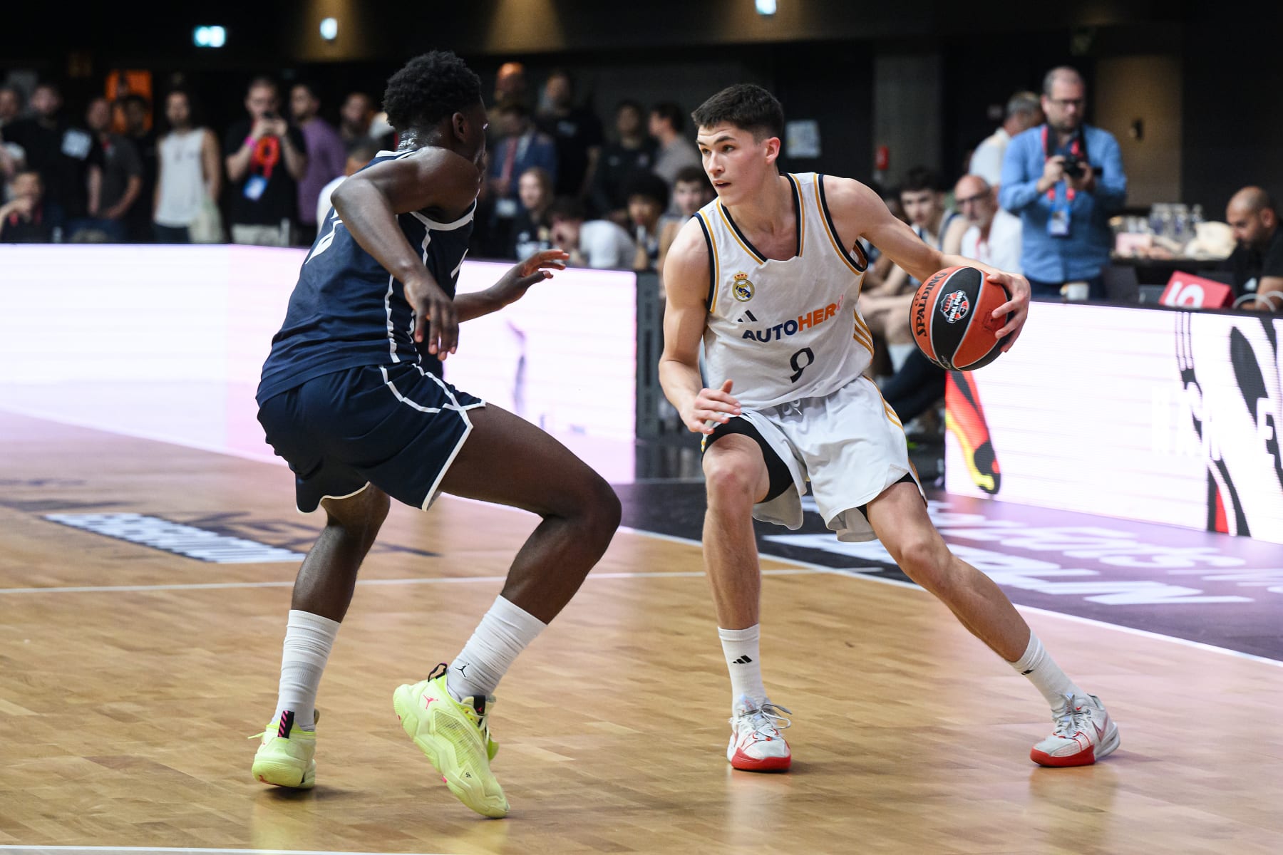 BERLIN, GERMANY - MAY 26: Egor Demin, #9 of U18 Real Madrid in action during U18 Real Madrid vs U18 PFBB Insep Paris during the EB Adidas Next Generation Tournament Championship Game at Uber Eats Music Hall on May 26, 2024 in Berlin, Germany. (Photo by David Grau/Euroleague Basketball via Getty Images)