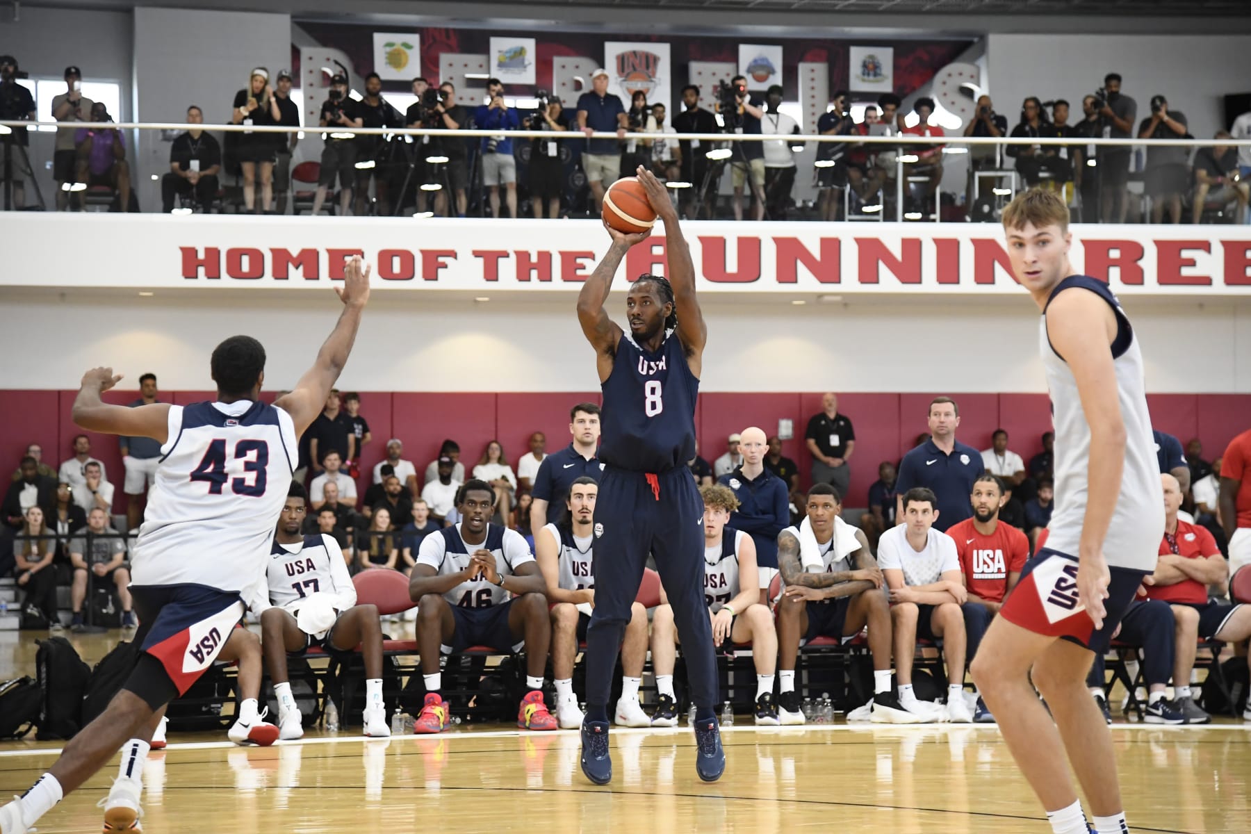 LAS VEGAS, NV - JULY 8:   Kawhi Leonard #8 of the USAB Mens Team shoots the ball during the USAB Men's Training Camp on July 8, 2024 at UNLV in Las Vegas, Nevada. NOTE TO USER: User expressly acknowledges and agrees that, by downloading and or using this photograph, User is consenting to the terms and conditions of the Getty Images License Agreement. Mandatory Copyright Notice: Copyright 2024 NBAE (Photo by Brian Babineau/NBAE via Getty Images)