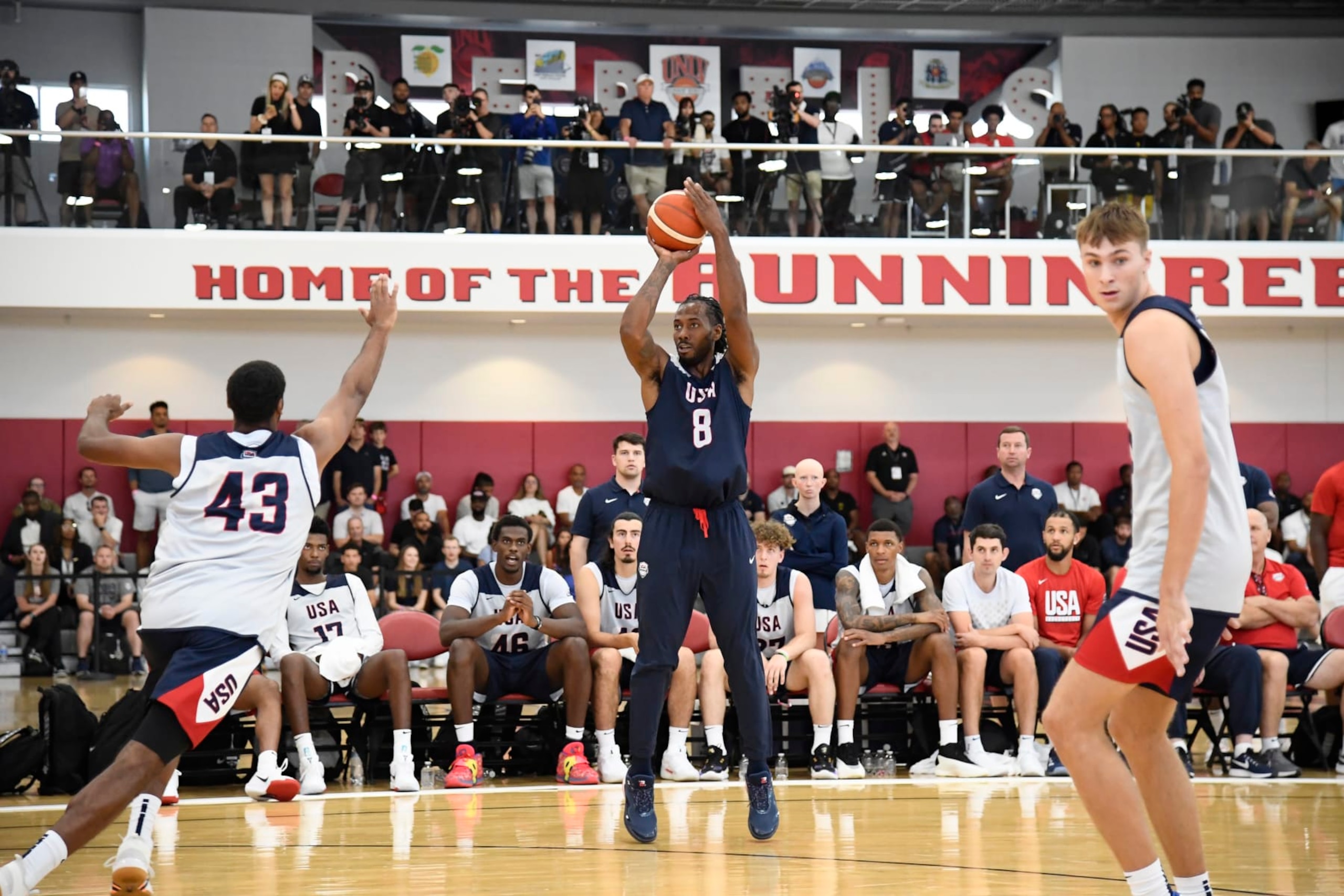 LAS VEGAS, NV - JULY 8: Kawhi Leonard #8 of the USAB Mens Team shoots the ball during the USAB Men's Training Camp on July 8, 2024 at UNLV in Las Vegas, Nevada. NOTE TO USER: User expressly acknowledges and agrees that, by downloading and or using this photograph, User is consenting to the terms and conditions of the Getty Images License Agreement. Mandatory Copyright Notice: Copyright 2024 NBAE (Photo by Brian Babineau/NBAE via Getty Images) LAS VEGAS, NV - JULY 8: Kawhi Leonard #8 of the USAB Mens Team shoots the ball during the USAB Men's Training Camp on July 8, 2024 at UNLV in Las Vegas, Nevada. NOTE TO USER: User expressly acknowledges and agrees that, by downloading and or using this photograph, User is consenting to the terms and conditions of the Getty Images License Agreement. Mandatory Copyright Notice: Copyright 2024 NBAE (Photo by Brian Babineau/NBAE via Getty Images)