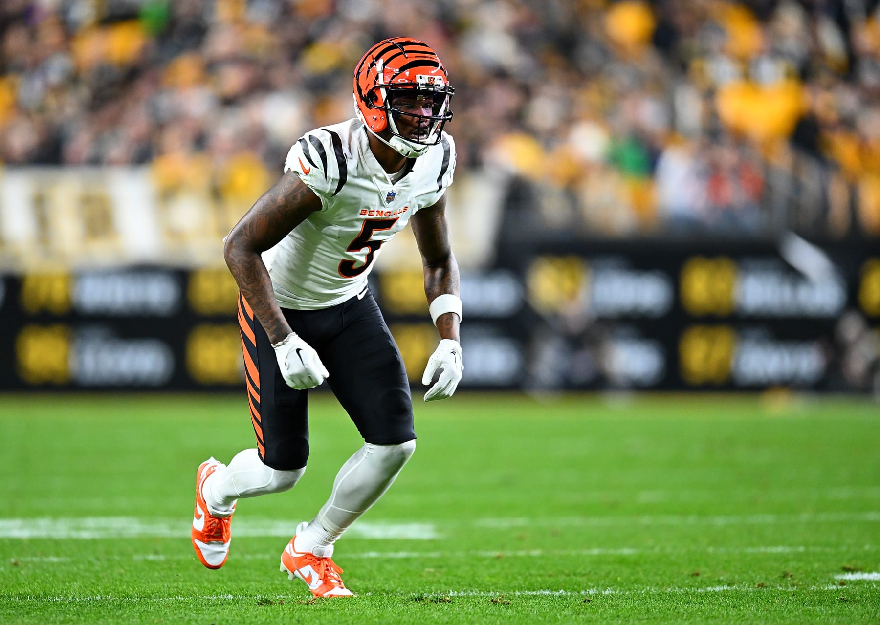 PITTSBURGH, PENNSYLVANIA - DECEMBER 23:  Tee Higgins #5 of the Cincinnati Bengals in action during the game against the  Pittsburgh Steelers at Acrisure Stadium on December 23, 2023 in Pittsburgh, Pennsylvania. (Photo by Joe Sargent/Getty Images)