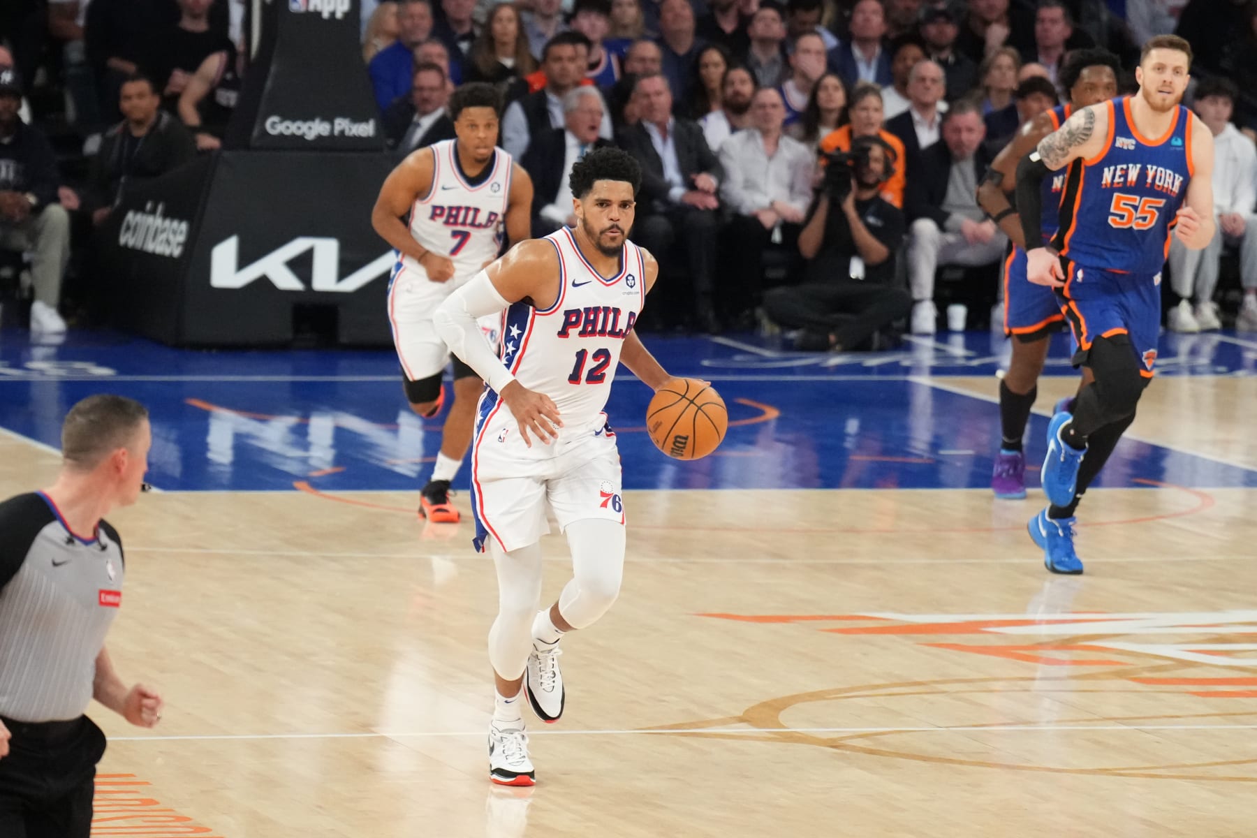 NEW YORK, NY - APRIL 30: Tobias Harris #12 of the Philadelphia 76ers dribbles the ball during the game against the New York Knicks during Round 1 Game 5 of the 2024 NBA Playoffs on April 30, 2024 at Madison Square Garden in New York City, New York.  NOTE TO USER: User expressly acknowledges and agrees that, by downloading and or using this photograph, User is consenting to the terms and conditions of the Getty Images License Agreement. Mandatory Copyright Notice: Copyright 2024 NBAE  (Photo by Jesse D. Garrabrant/NBAE via Getty Images)