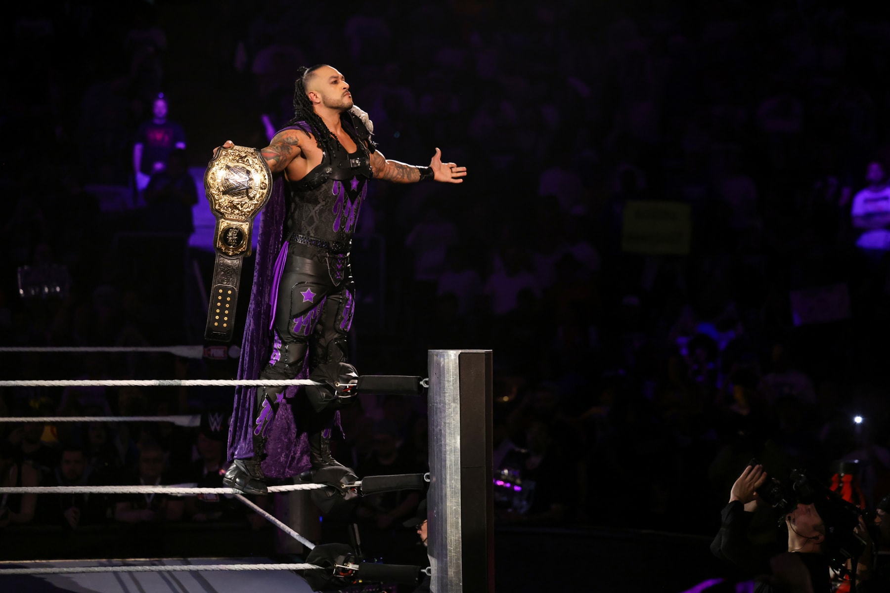 TORONTO, CANADA - JULY 6: Damian Priest enters the ring during Money in the Bank at Scotiabank Arena on July 6, 2024 in Toronto, Ontario. (Photo by WWE/Getty Images)