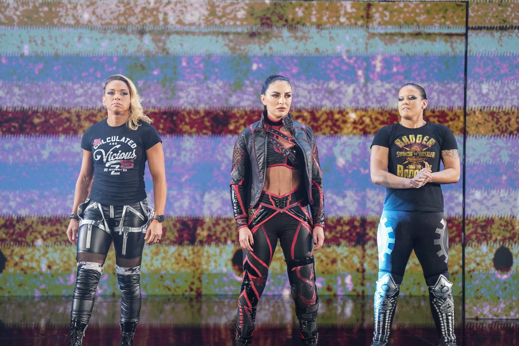 DAYTON, OHIO - JULY 15: Sonya Deville (C) makes her way to the ring with Zoey Stark (l) and Shayna Baszler (r) during Monday Night RAW at WSU Nutter Center on July 15, 2024 in Dayton, Ohio. (Photo by WWE/Getty Images)