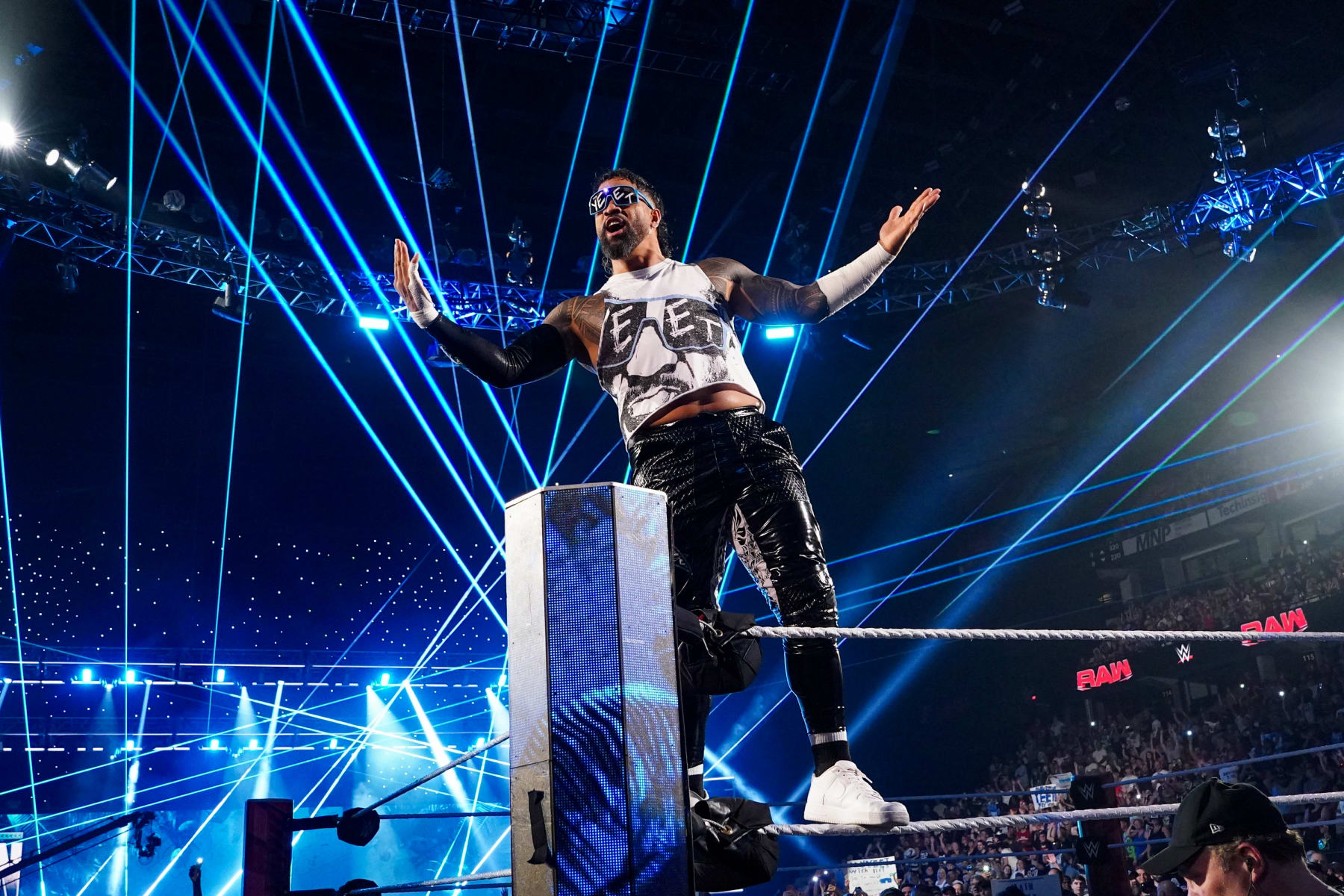 OTTAWA, CANADA - JULY 8: Jey Uso enters the arena during Monday Night RAW at Canadian Tire Centre on July 8, 2024 in Ottawa, Ontario. (Photo by WWE/Getty Images)