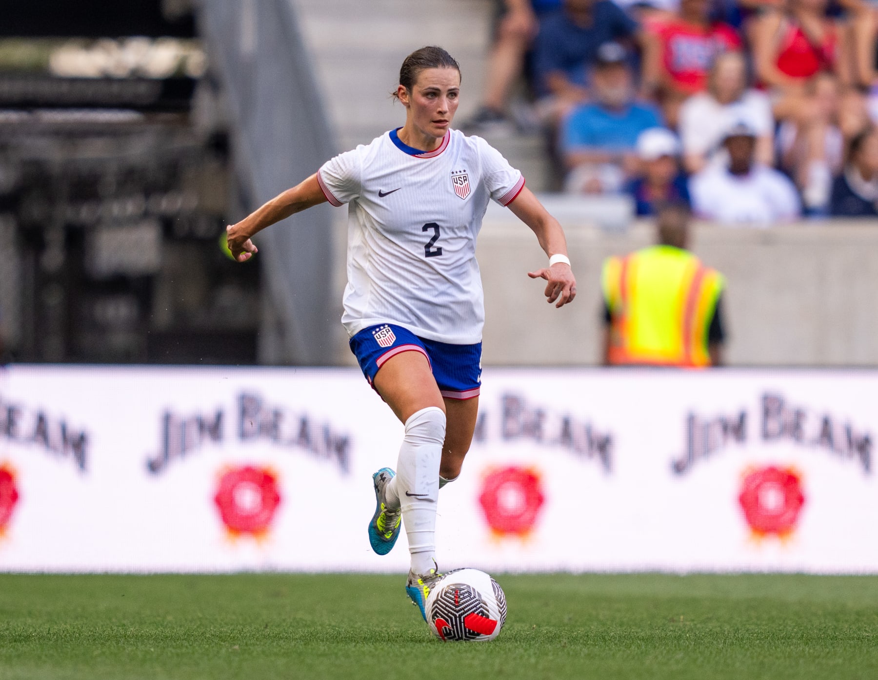 HARRISON, NJ - JULY 13: Emily Fox #2 of the United States dribbles during a game between Mexico and USWNT at Red Bull Arena on July 13, 2024 in Harrison, New Jersey. (Photo by Brad Smith/ISI Photos/USSF/Getty Images for USSF)