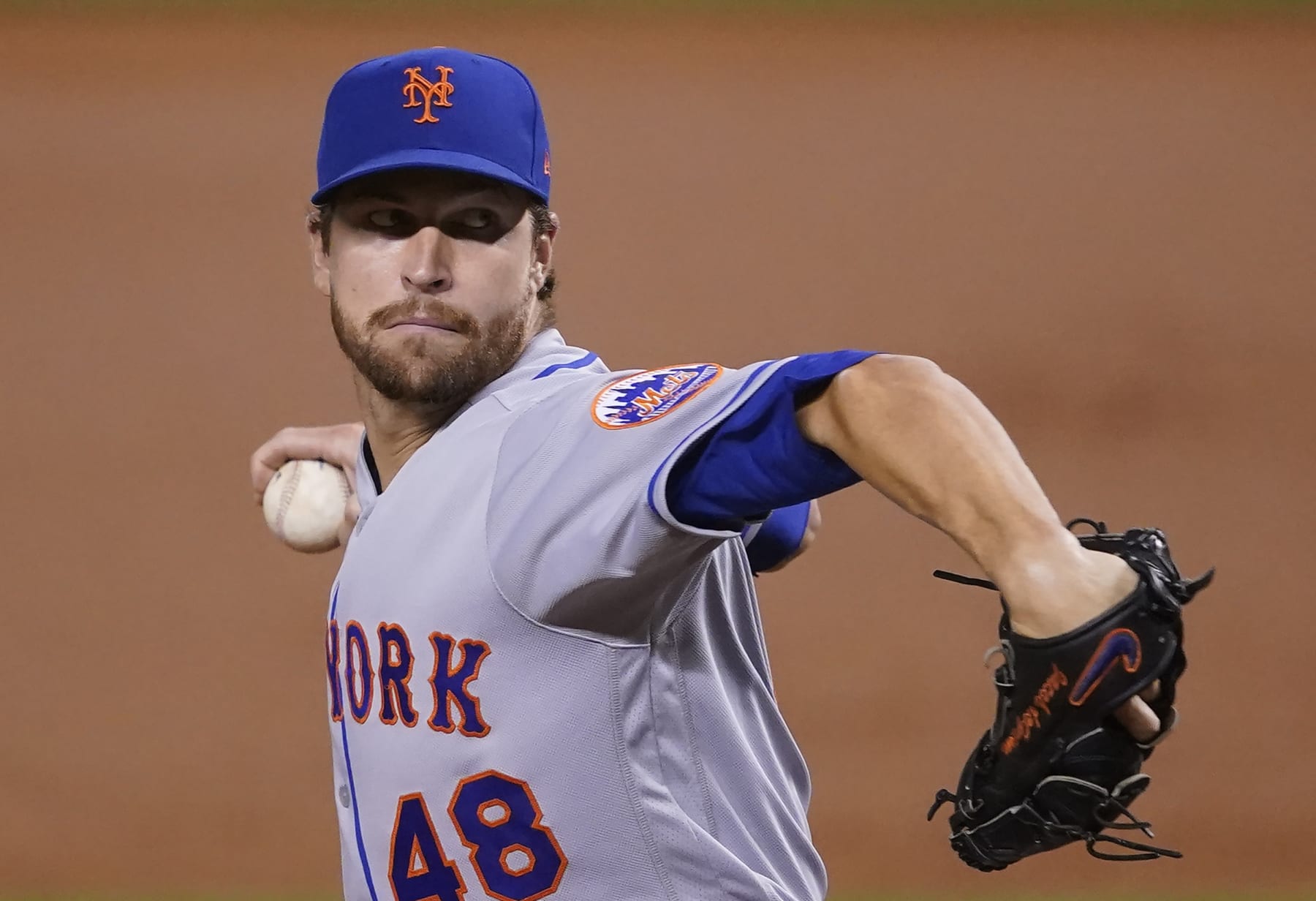 MIAMI, FLORIDA - AUGUST 19: Jacob deGrom #48 of the New York Mets delivers a pitch during the game against the Miami Marlins at Marlins Park on August 19, 2020 in Miami, Florida. (Photo by Mark Brown/Getty Images)