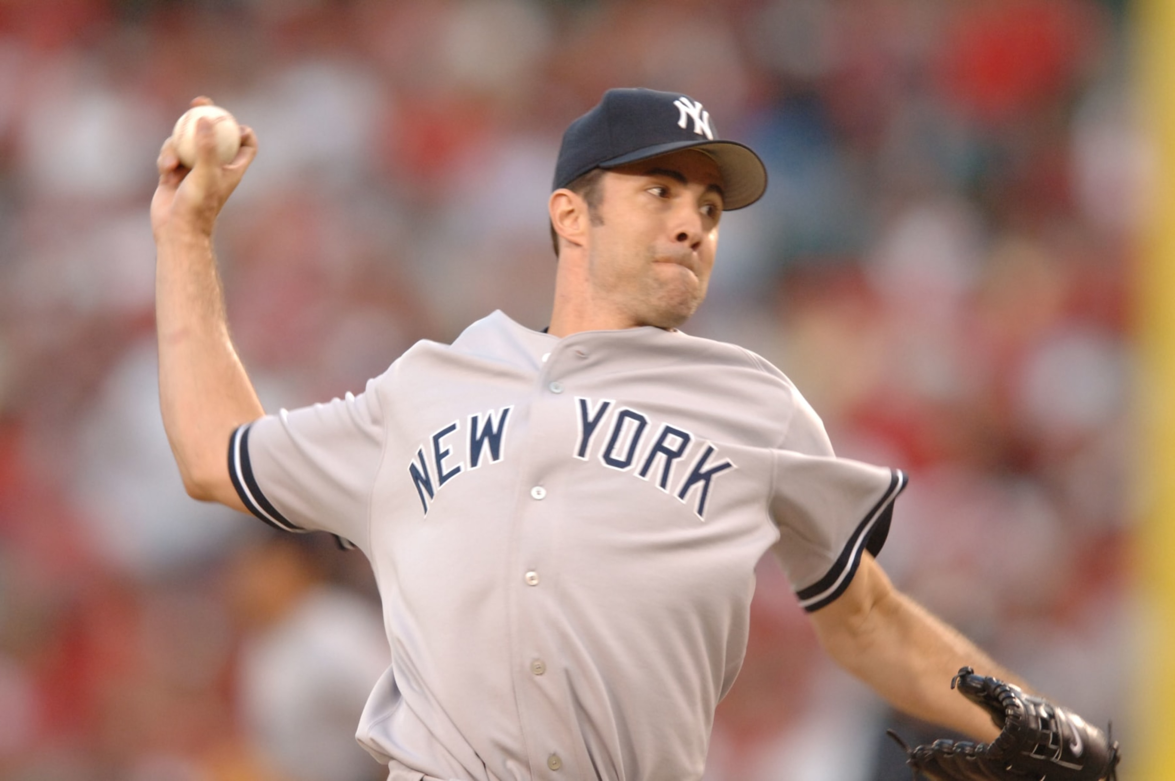 Oct 04, 2005; Anaheim, CA, USA; New York Yankees Mike Mussina against Los Angeles Angels of Anaheim during Game 1 of the American League Division Series ALDS on Oct. 4, 2005 in Anaheim, Calif. The Yankees won 4-2.  (Photo by Sporting News via Getty Images/Sporting News via Getty Images via Getty Images)
