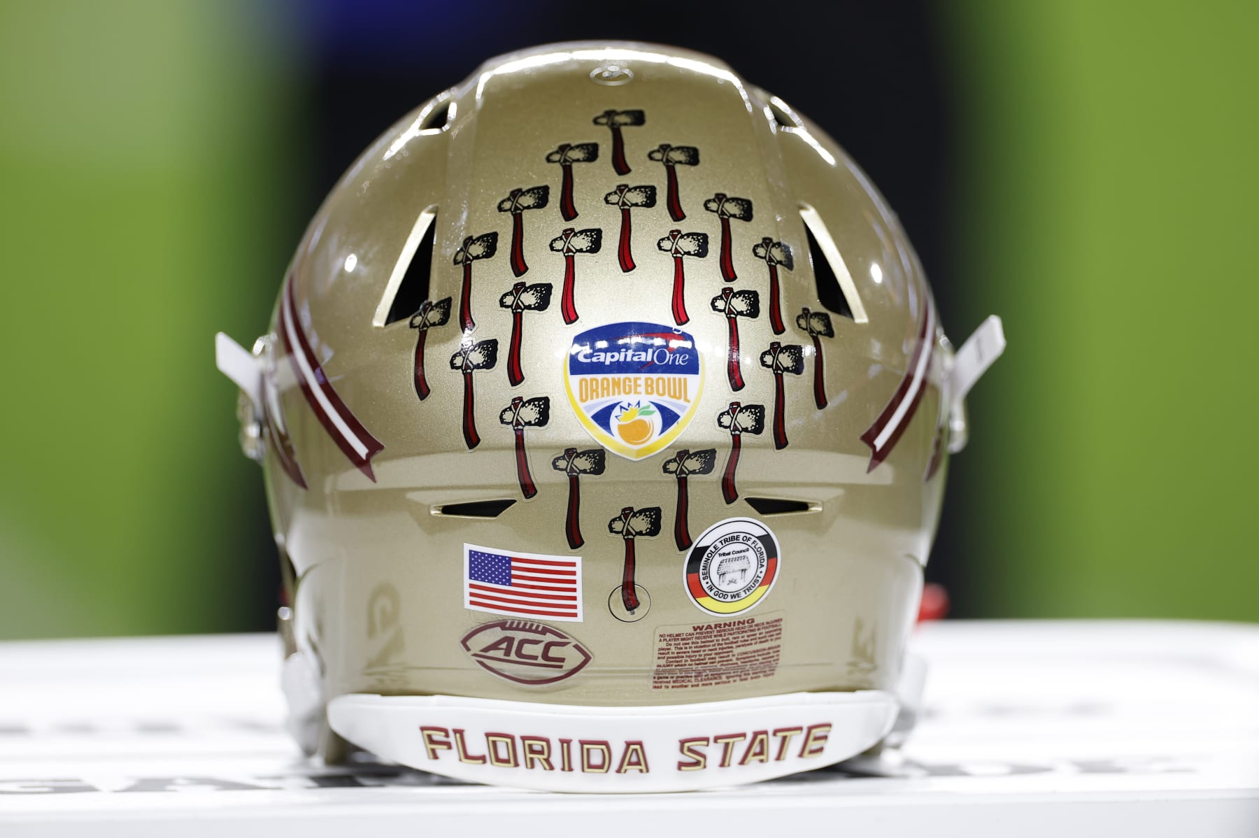 MIAMI GARDENS, FL - DECEMBER 30: A detailed view of a Florida State Seminoles helmet with the Capital One Orange Bowl logo during the game between the Georgia Bulldogs and the Florida State Seminoles on December 30, 2023 at Hard Rock Stadium in Miami Gardens, Fl.  (Photo by David Rosenblum/Icon Sportswire via Getty Images)