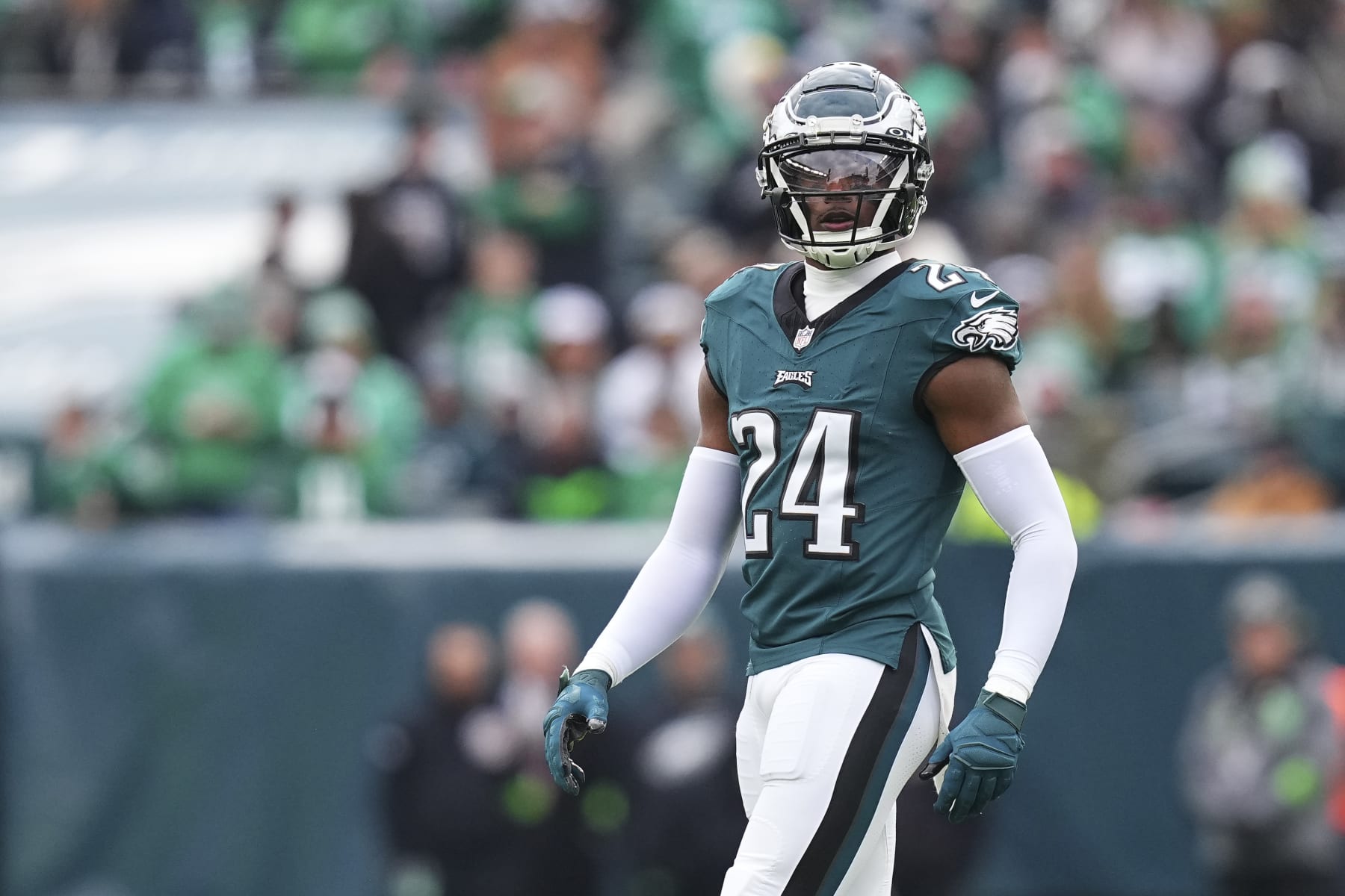 PHILADELPHIA, PENNSYLVANIA - DECEMBER 31: James Bradberry #24 of the Philadelphia Eagles looks on against the Arizona Cardinals at Lincoln Financial Field on December 31, 2023 in Philadelphia, Pennsylvania. (Photo by Mitchell Leff/Getty Images)