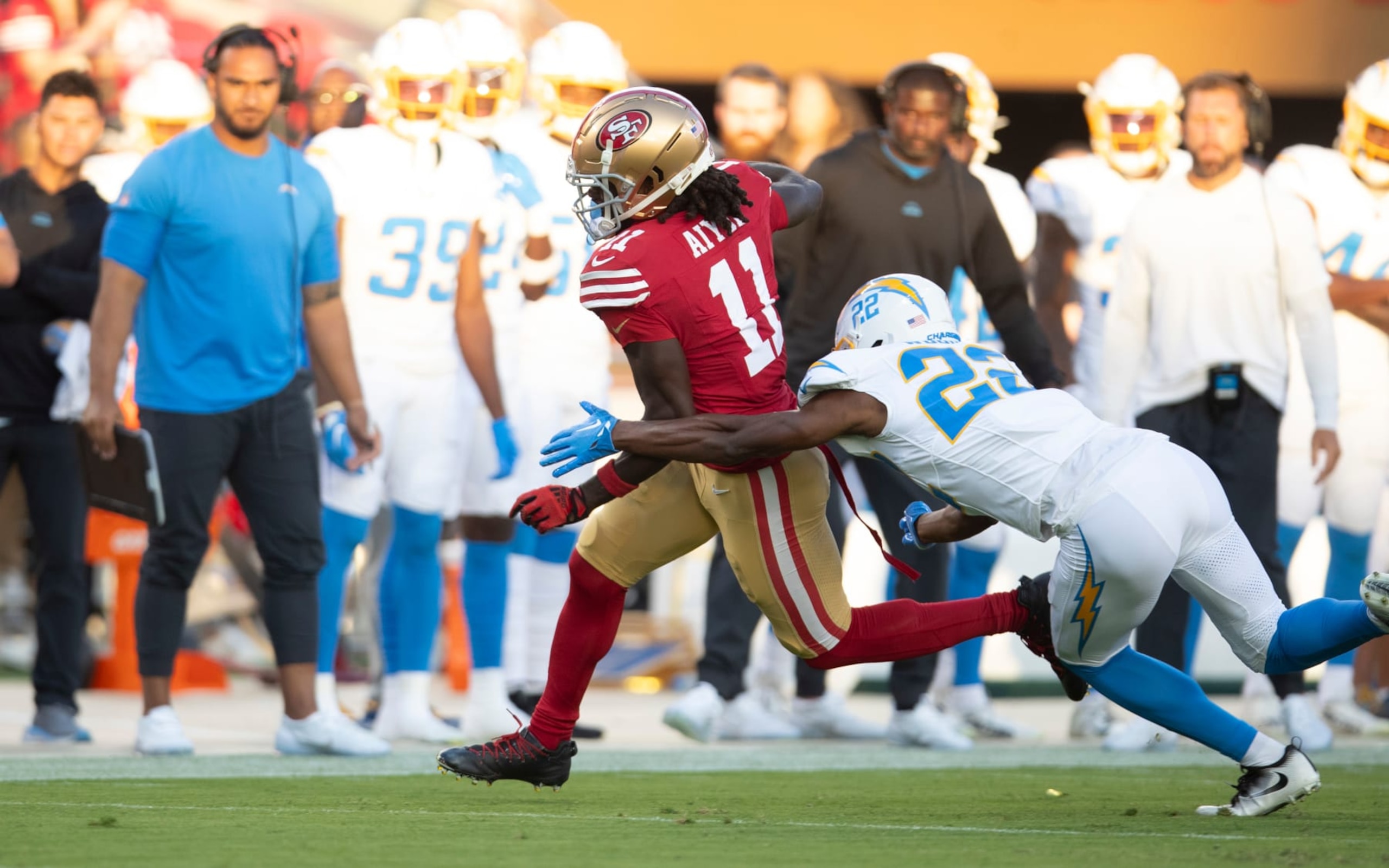 SANTA CLARA, CA - AUGUST 25: Brandon Aiyuk #11 of the San Francisco 49ers runs after making a catch during the game against the Los Angeles Chargers at Levi's Stadium on August 25, 2023 in Santa Clara, California. The Chargers defeated the 49ers 23-12. (Photo by Michael Zagaris/San Francisco 49ers/Getty Images)