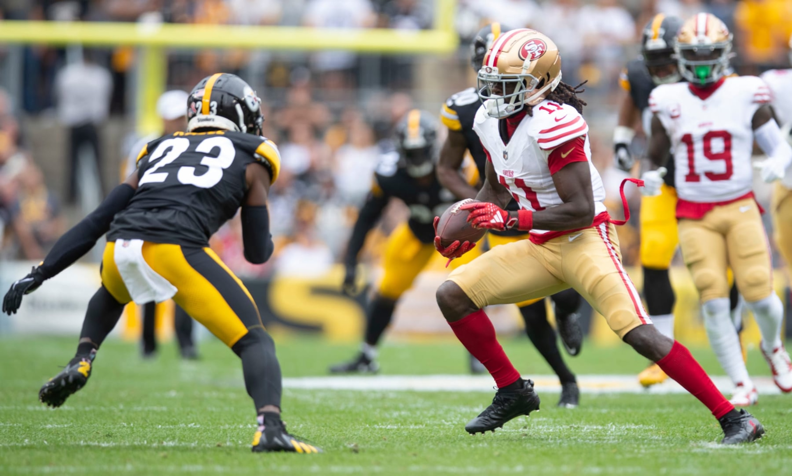 PITTSBURGH, PA - September 10: Brandon Aiyuk #11 of the San Francisco 49ers run after making a catch during the game against the Pittsburgh Steelers at Acrisure Stadium on September 10, 2023 in Pittsburgh, Pennsylvania. The 49ers defeated the Steelers 30-7. (Photo by Michael Zagaris/San Francisco 49ers/Getty Images)