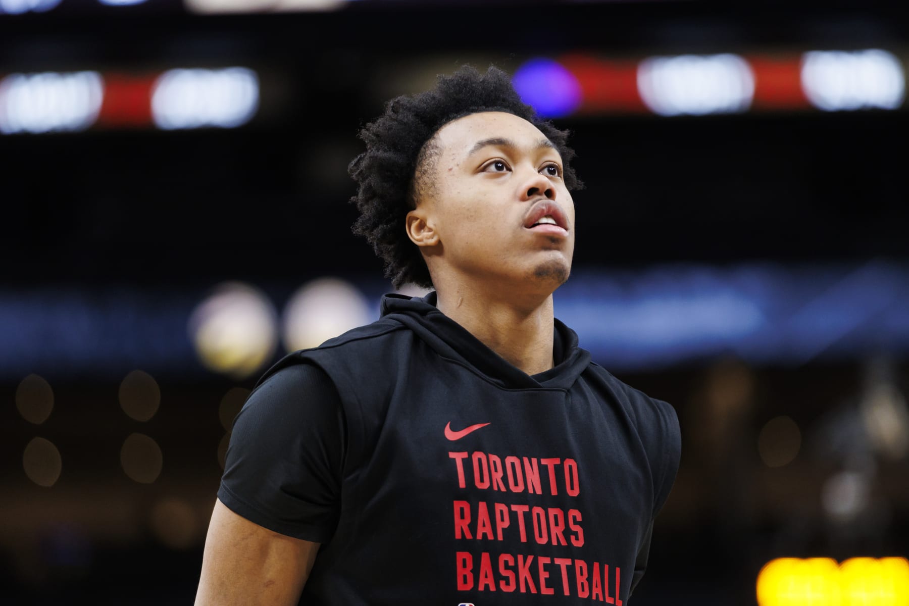 TORONTO, CANADA - MARCH 1: Scottie Barnes #4 of the Toronto Raptors warms up ahead of their NBA game against the Golden State Warriors at Scotiabank Arena on March 1, 2024 in Toronto, Canada. NOTE TO USER: User expressly acknowledges and agrees that, by downloading and or using this photograph, User is consenting to the terms and conditions of the Getty Images License Agreement. (Photo by Cole Burston/Getty Images)