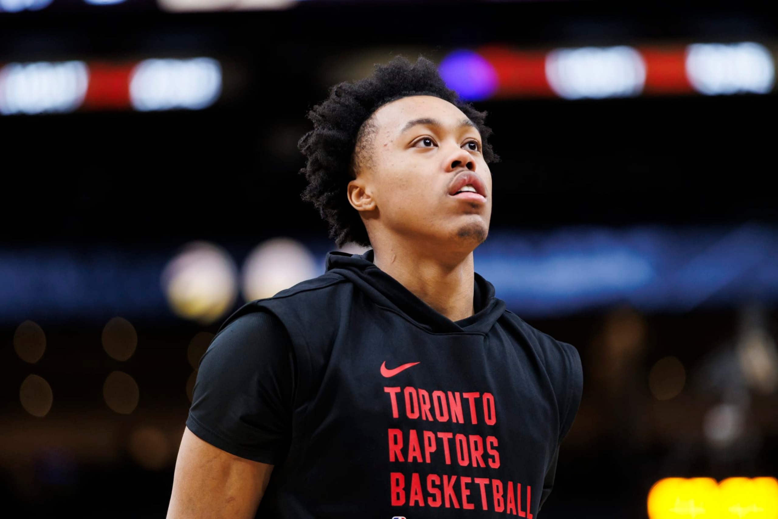 TORONTO, CANADA - MARCH 1: Scottie Barnes #4 of the Toronto Raptors warms up ahead of their NBA game against the Golden State Warriors at Scotiabank Arena on March 1, 2024 in Toronto, Canada. NOTE TO USER: User expressly acknowledges and agrees that, by downloading and or using this photograph, User is consenting to the terms and conditions of the Getty Images License Agreement. (Photo by Cole Burston/Getty Images)