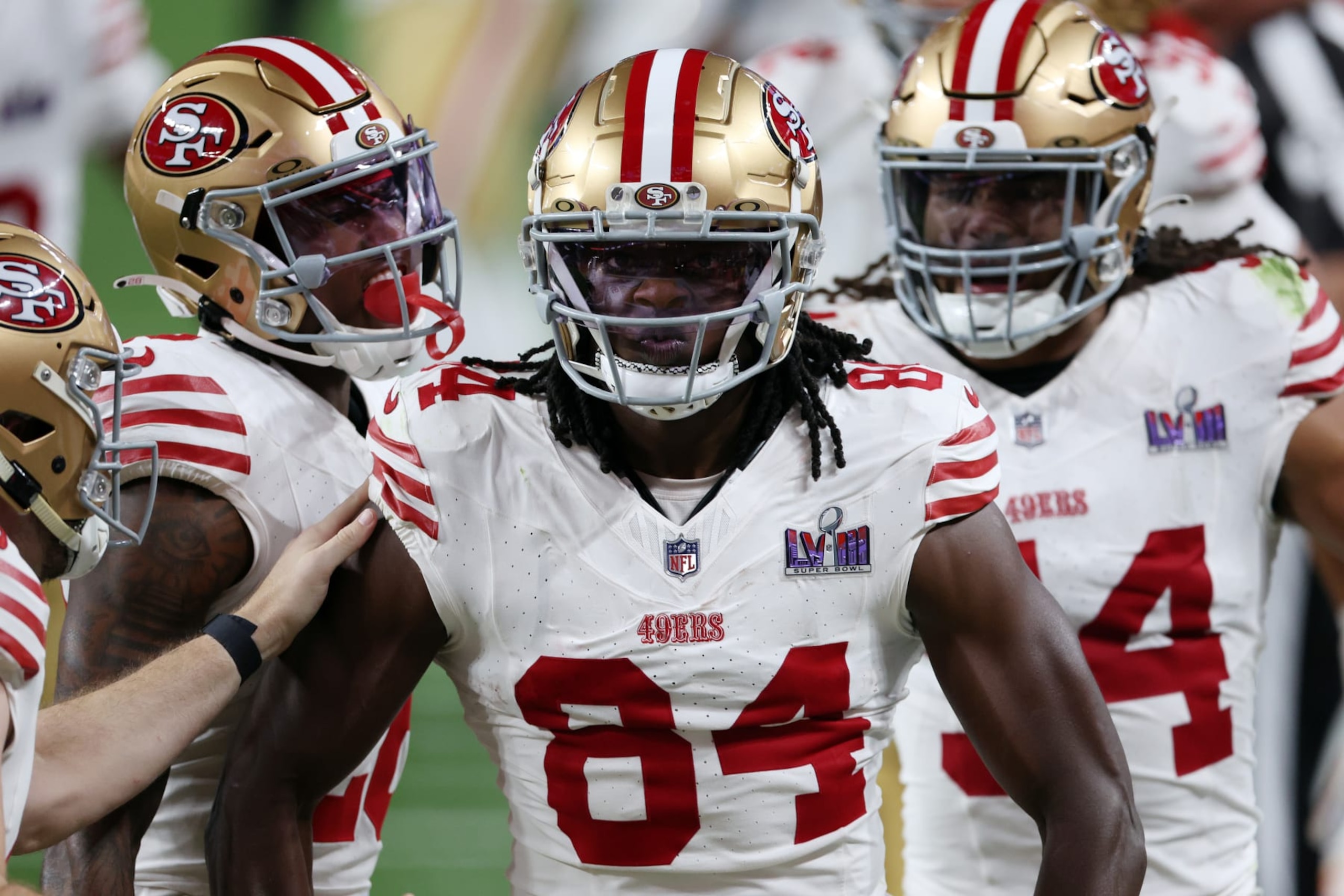 LAS VEGAS, NEVADA - FEBRUARY 11: Chris Conley #84 of the San Francisco 49ers celebrates after a tackle on a special teams play  during Super Bowl LVIII at Allegiant Stadium on February 11, 2024 in Las Vegas, Nevada. (Photo by Harry How/Getty Images)