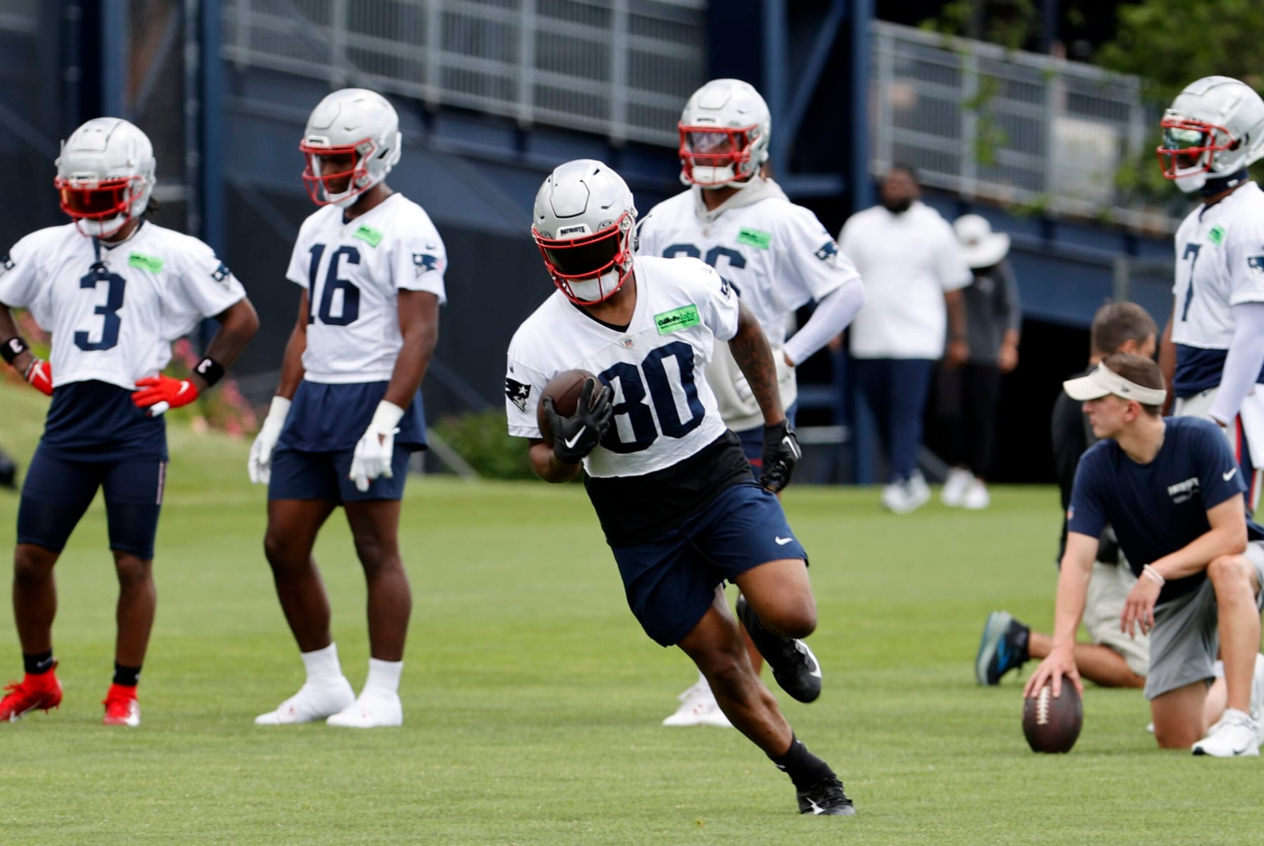 FOXBOROUGH, MA - JUNE 12: New England Patriots wide receiver Kayshon Boutte (80) carries the ball during New England Patriots Minicamp on June 12, 2024, at The Patriots practice facility at Gillette Stadium in Foxborough, Massachusetts. (Photo by Fred Kfoury III/Icon Sportswire via Getty Images)
