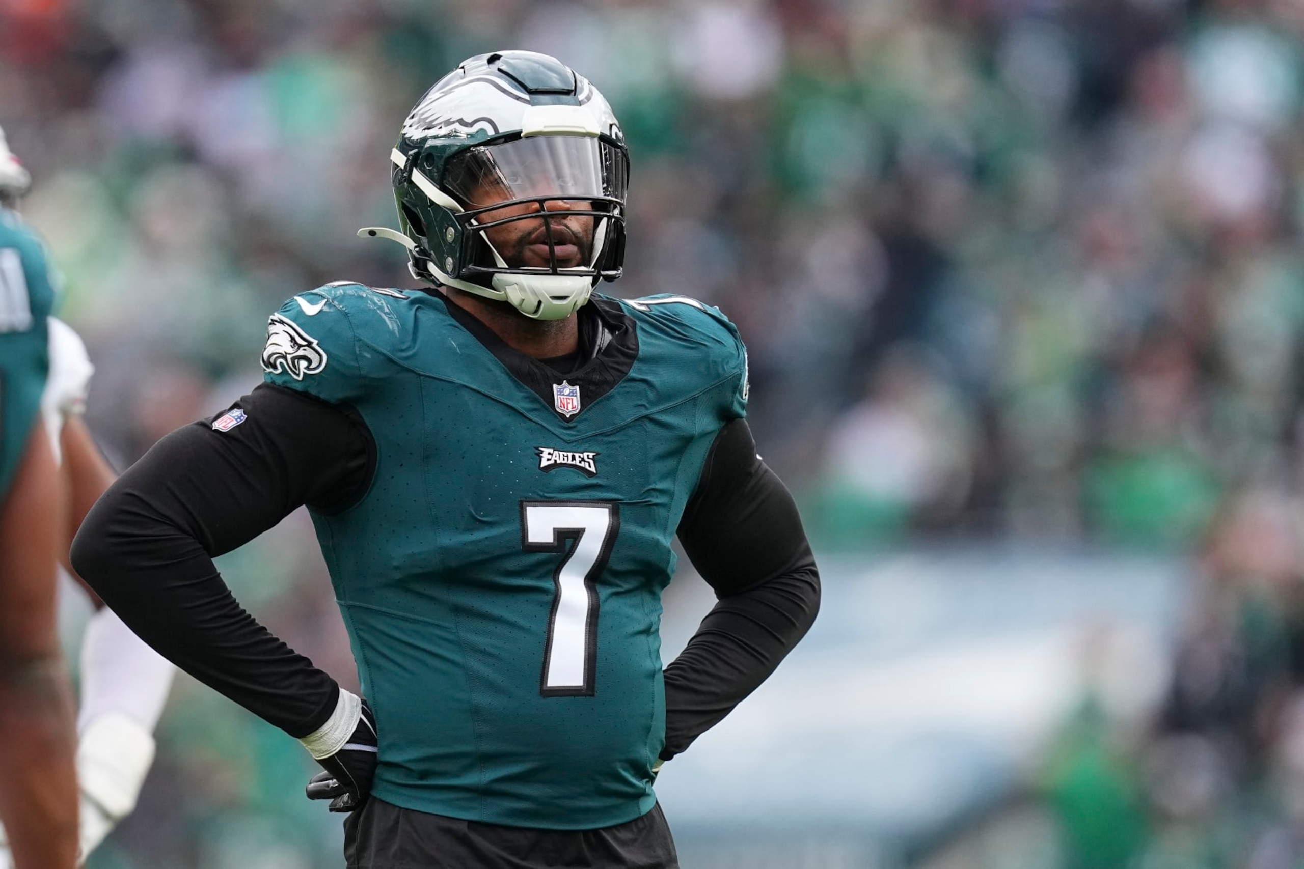 PHILADELPHIA, PENNSYLVANIA - DECEMBER 31: Haason Reddick #7 of the Philadelphia Eagles looks on against the Arizona Cardinals at Lincoln Financial Field on December 31, 2023 in Philadelphia, Pennsylvania. (Photo by Mitchell Leff/Getty Images)