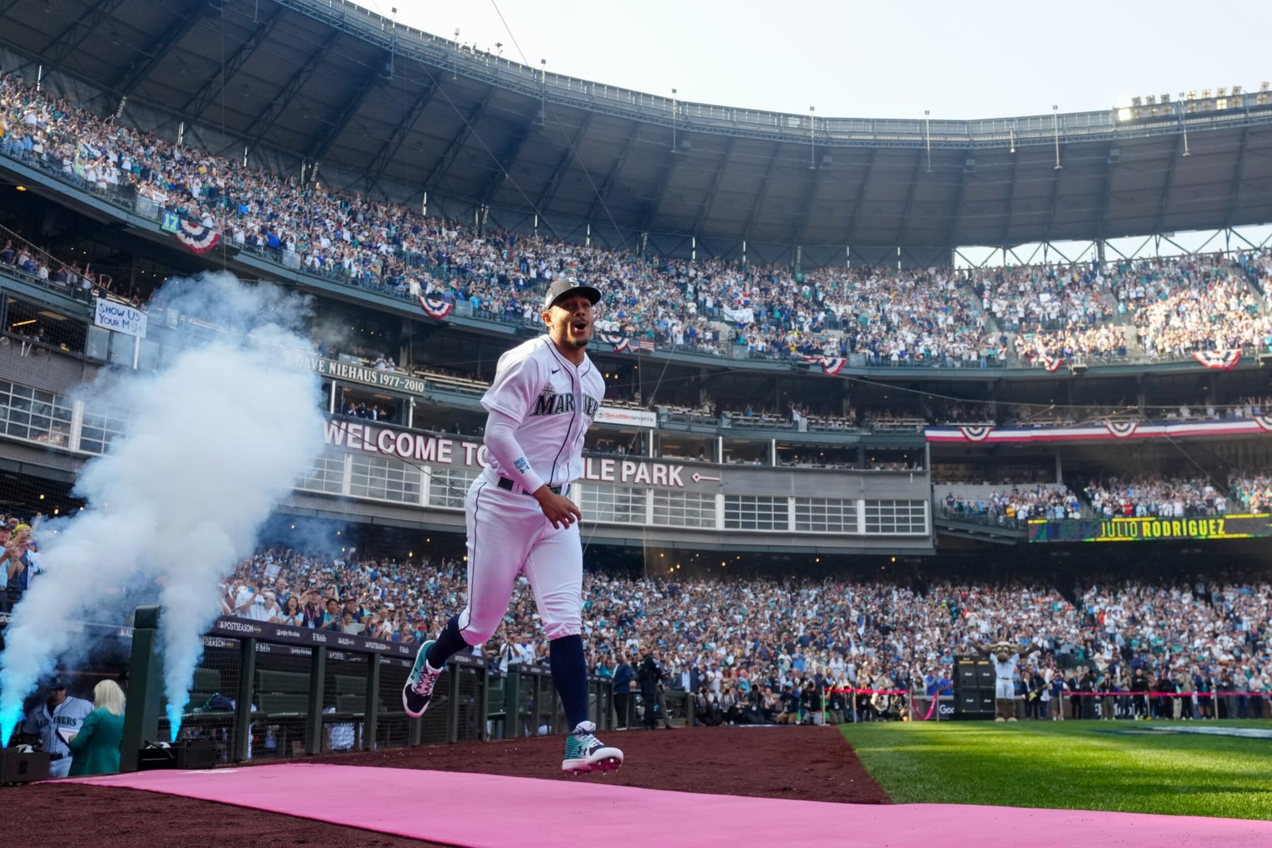 SEATTLE, WA - OCTOBER 15: Julio Rodriguez #44 of the Seattle Mariners is introduced before the game between the Houston Astros and the Seattle Mariners at T-Mobile Park on Saturday, October 15, 2022 in Seattle, Washington. (Photo by Daniel Shirey/MLB Photos via Getty Images)