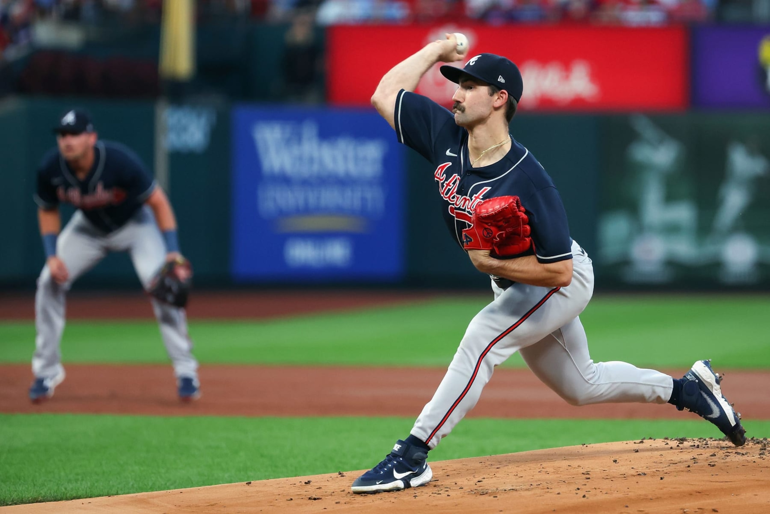 ST LOUIS, MO - AUGUST 26: Spencer Strider #65 of the Atlanta Braves delivers a pitch against the St. Louis Cardinals in the first inning at Busch Stadium on August 26, 2022 in St Louis, Missouri. (Photo by Dilip Vishwanat/Getty Images)