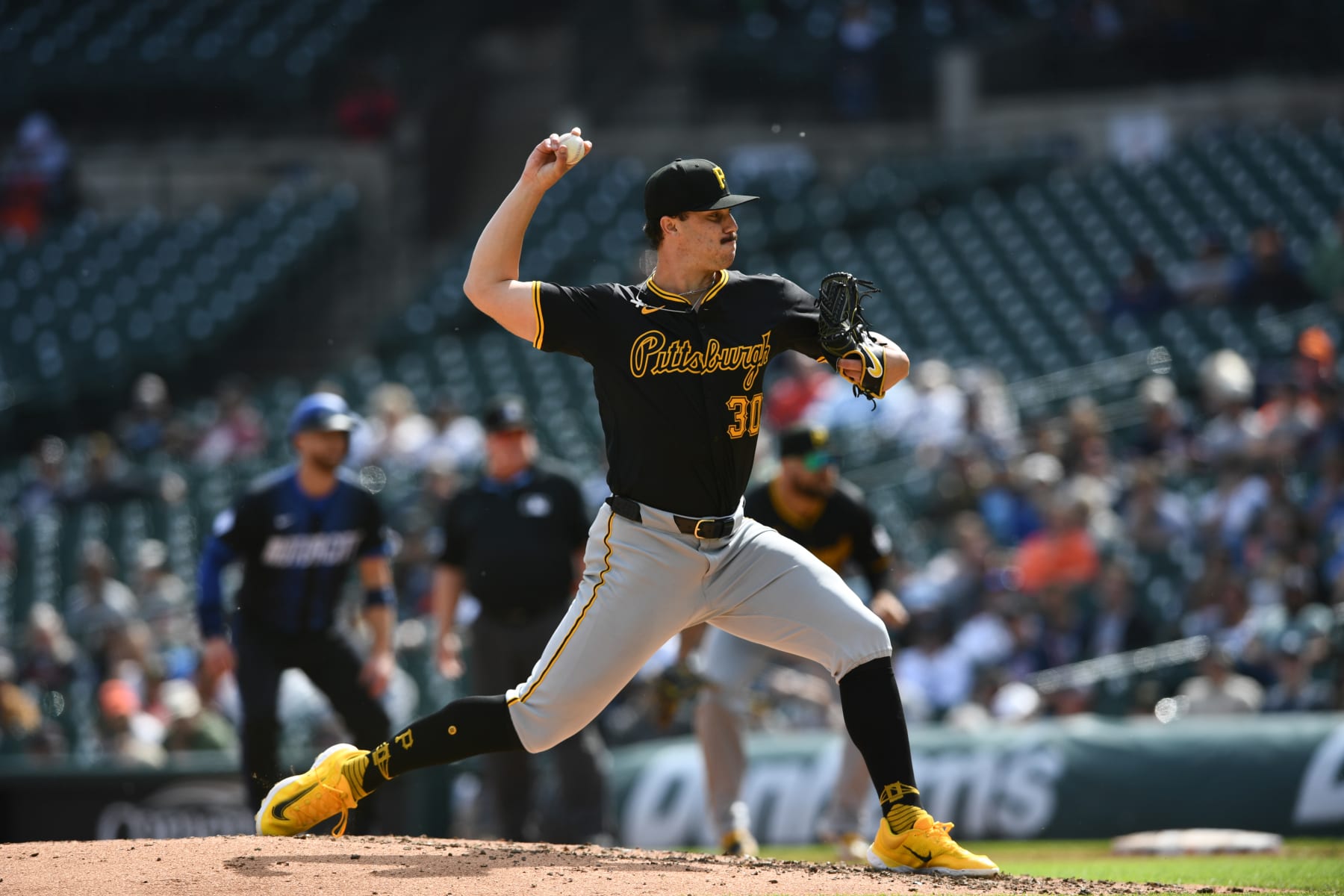 DETROIT, MICHIGAN - MAY 29, 2024: Paul Skenes #30 of the Pittsburgh Pirates throws a pitch during the third inning in game two of a doubleheader against the Detroit Tigers at Comerica Park on May 29, 2024 in Detroit, Michigan. (Photo by George Kubas/Diamond Images via Getty Images)